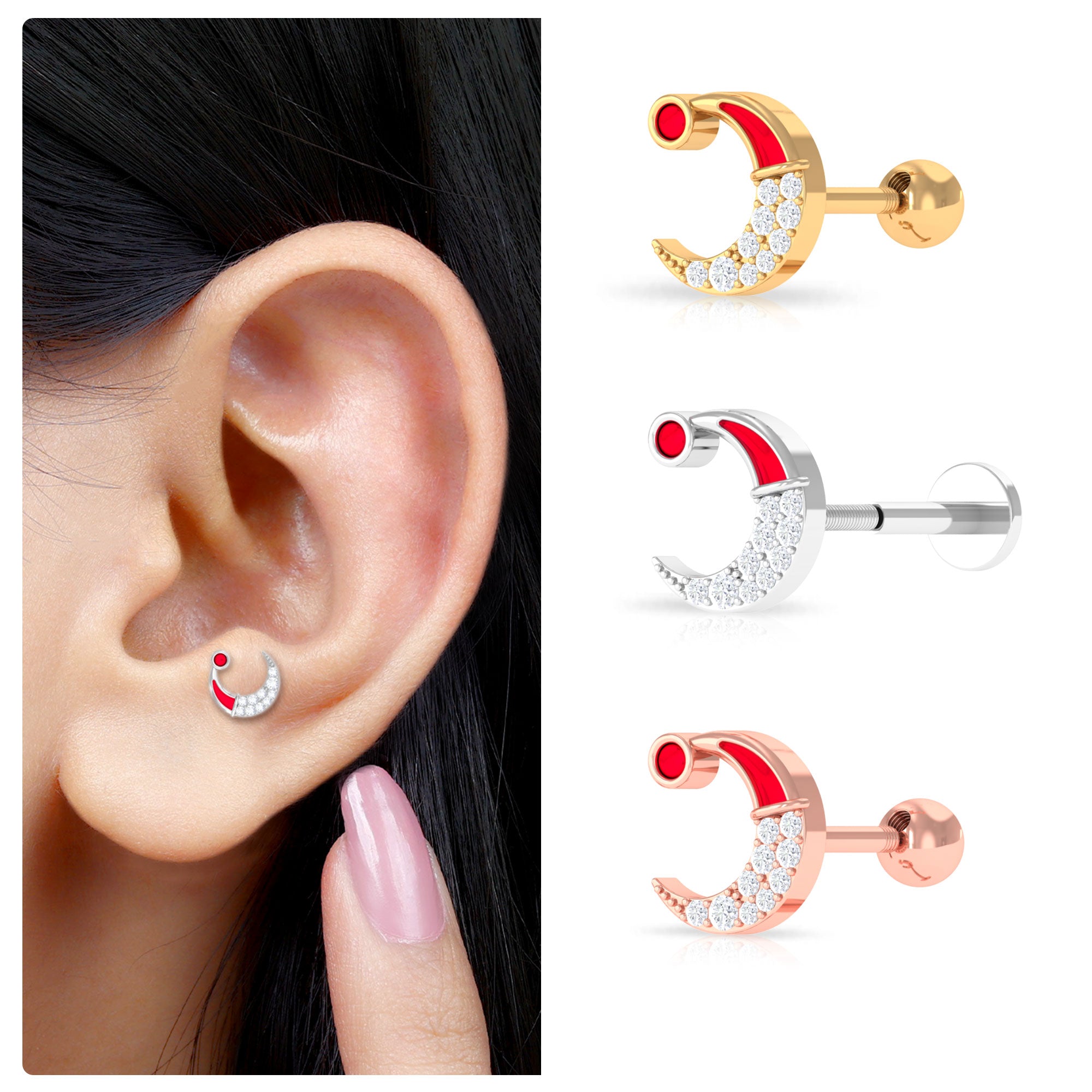 Real Diamond Red Enamel Xmas Crescent Moon Conch Earring Diamond - ( HI-SI ) - Color and Clarity - Rosec Jewels