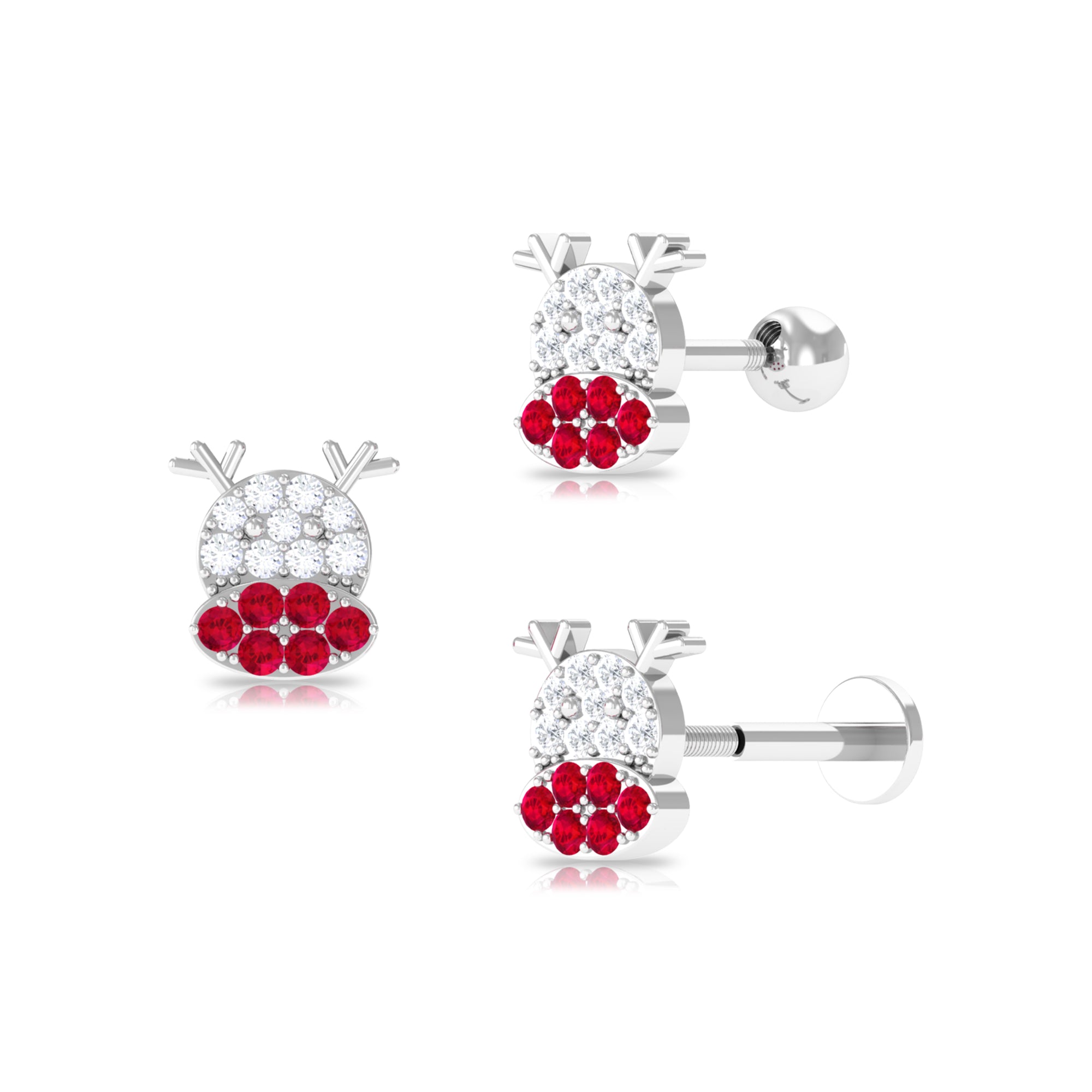 Created Ruby and Moissanite Christmas Reindeer Earring Lab Created Ruby - ( AAAA ) - Quality - Rosec Jewels