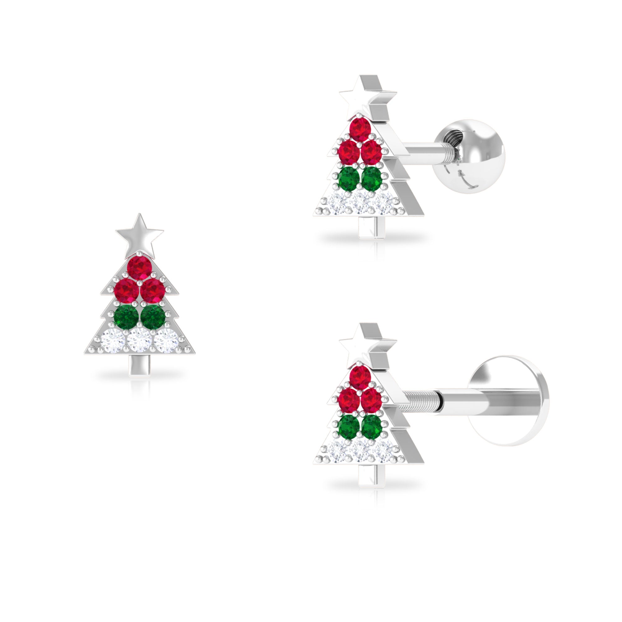 Ruby and Emerald Christmas Tree Earring with Diamond Emerald - ( AAA ) - Quality - Rosec Jewels