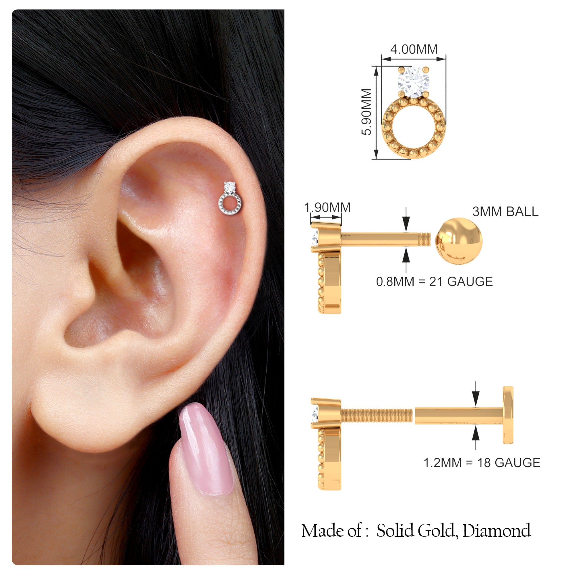 Round Diamond Gold Beaded Open Circle Tragus Earring Diamond - ( HI-SI ) - Color and Clarity - Rosec Jewels