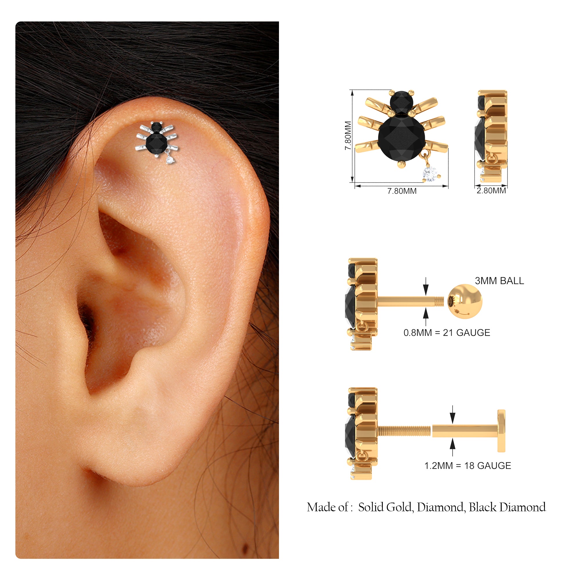 Natural Black Onyx and Moissanite Spider Helix Earring Black Onyx - ( AAA ) - Quality - Rosec Jewels