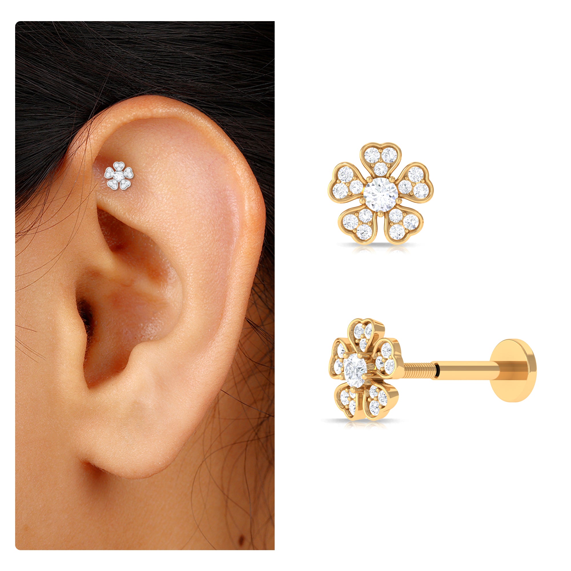 Moissanite Floral Earring for Helix Piercing Moissanite - ( D-VS1 ) - Color and Clarity - Rosec Jewels