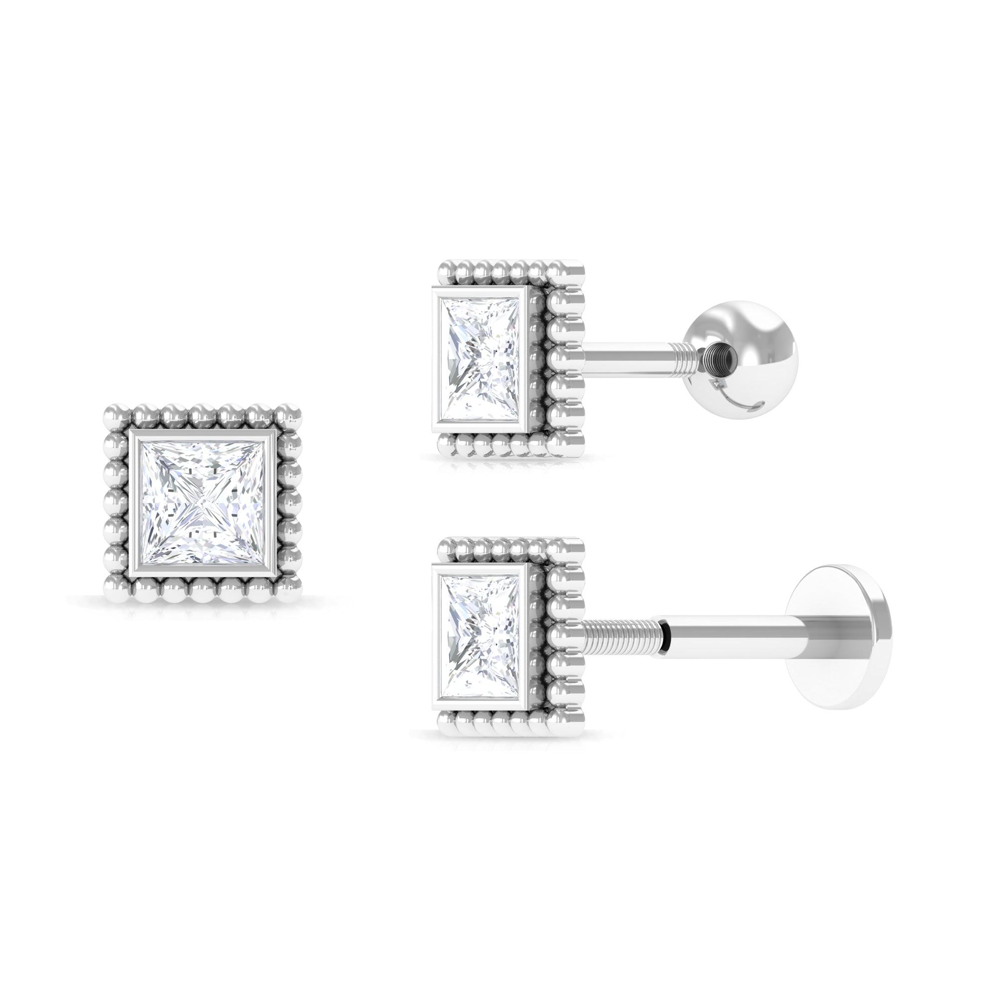 Princess Cut Moissanite Simple Helix Earring in Bezel Setting Moissanite - ( D-VS1 ) - Color and Clarity - Rosec Jewels