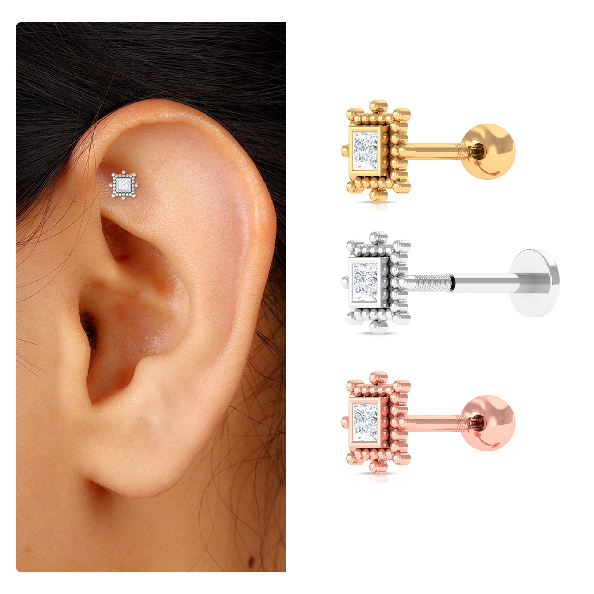 Princess Cut Moissanite Tragus Earring with Gold Beads Moissanite - ( D-VS1 ) - Color and Clarity - Rosec Jewels