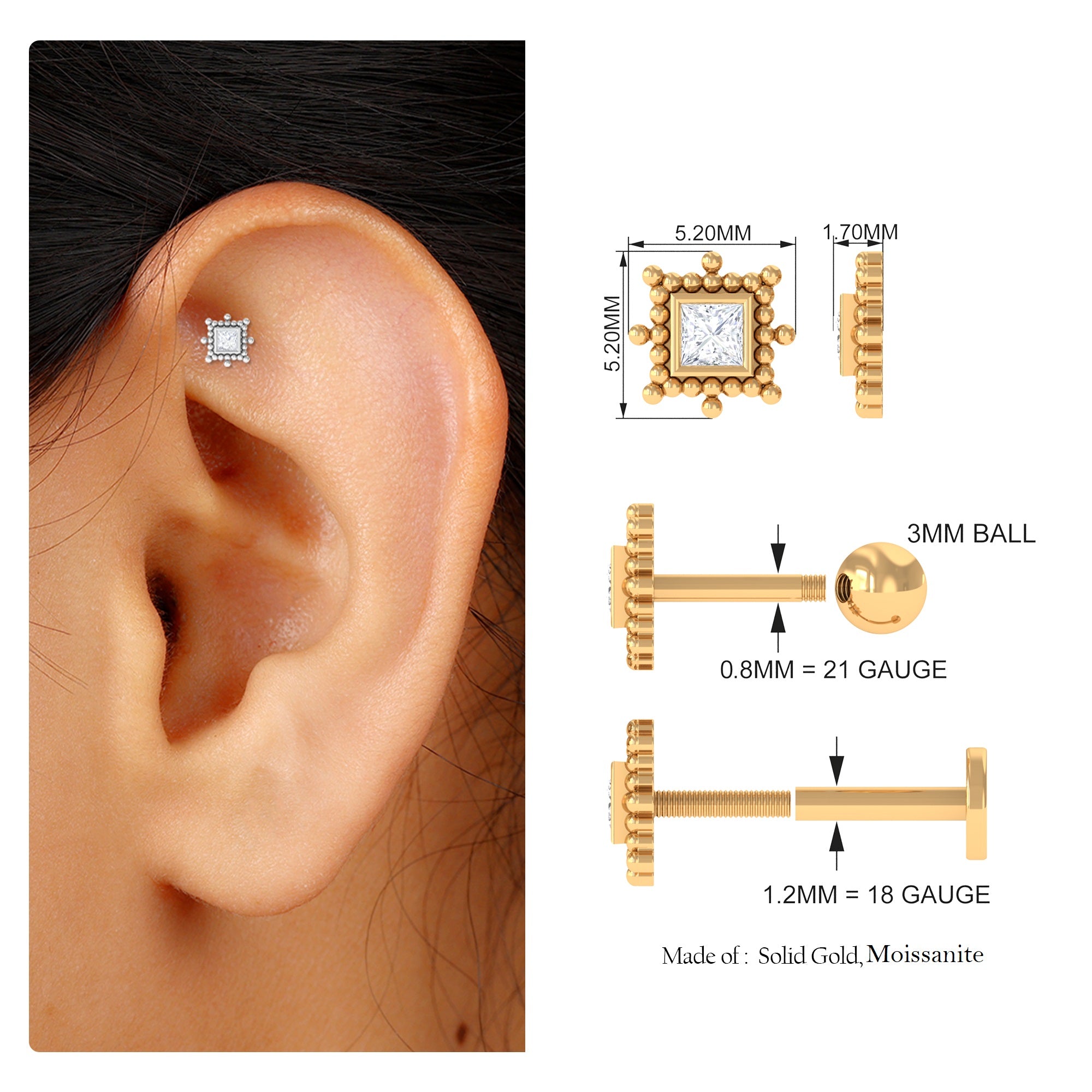 Princess Cut Moissanite Tragus Earring with Gold Beads Moissanite - ( D-VS1 ) - Color and Clarity - Rosec Jewels
