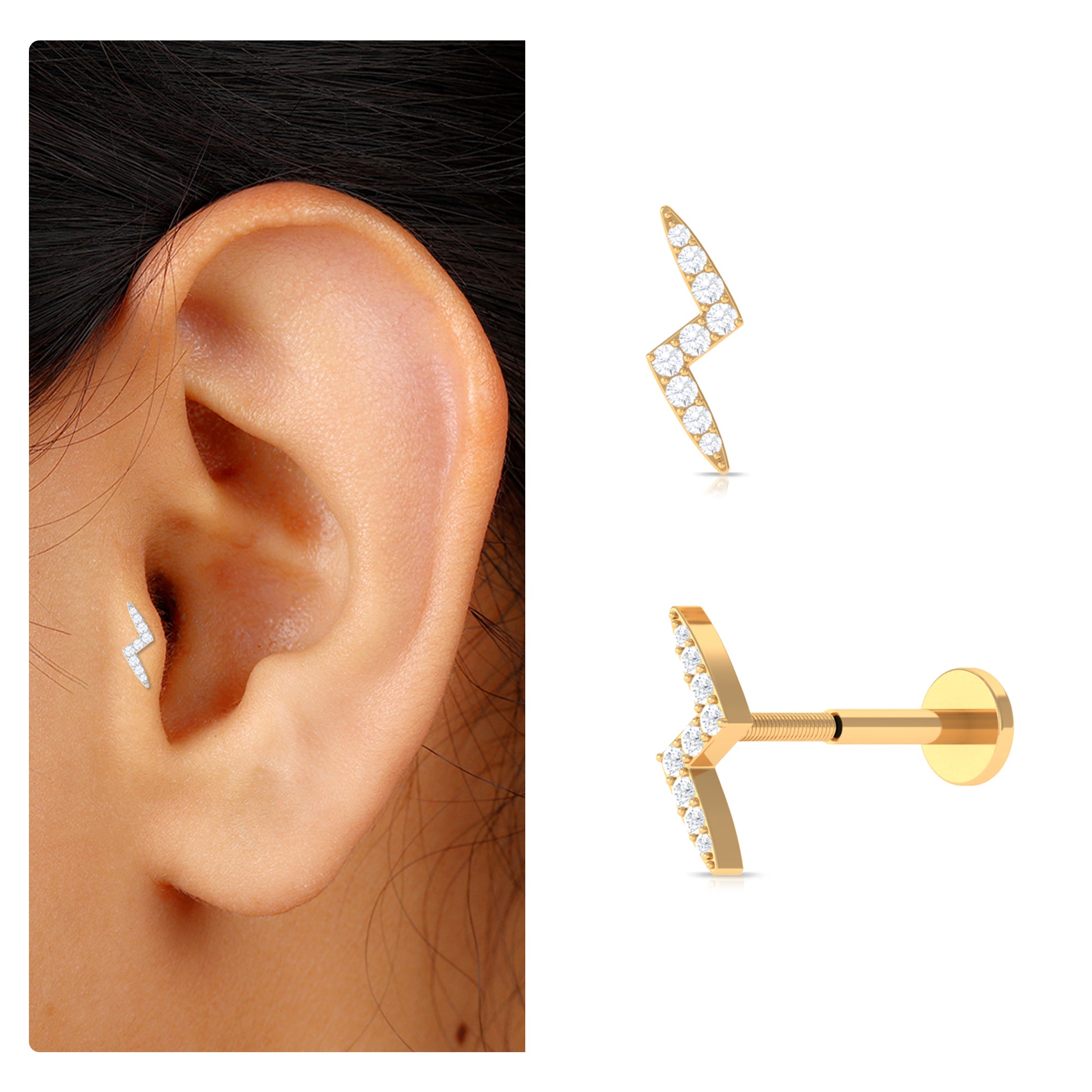 Minimal Diamond Lightning Bolt Earring for Helix Piercing Diamond - ( HI-SI ) - Color and Clarity - Rosec Jewels