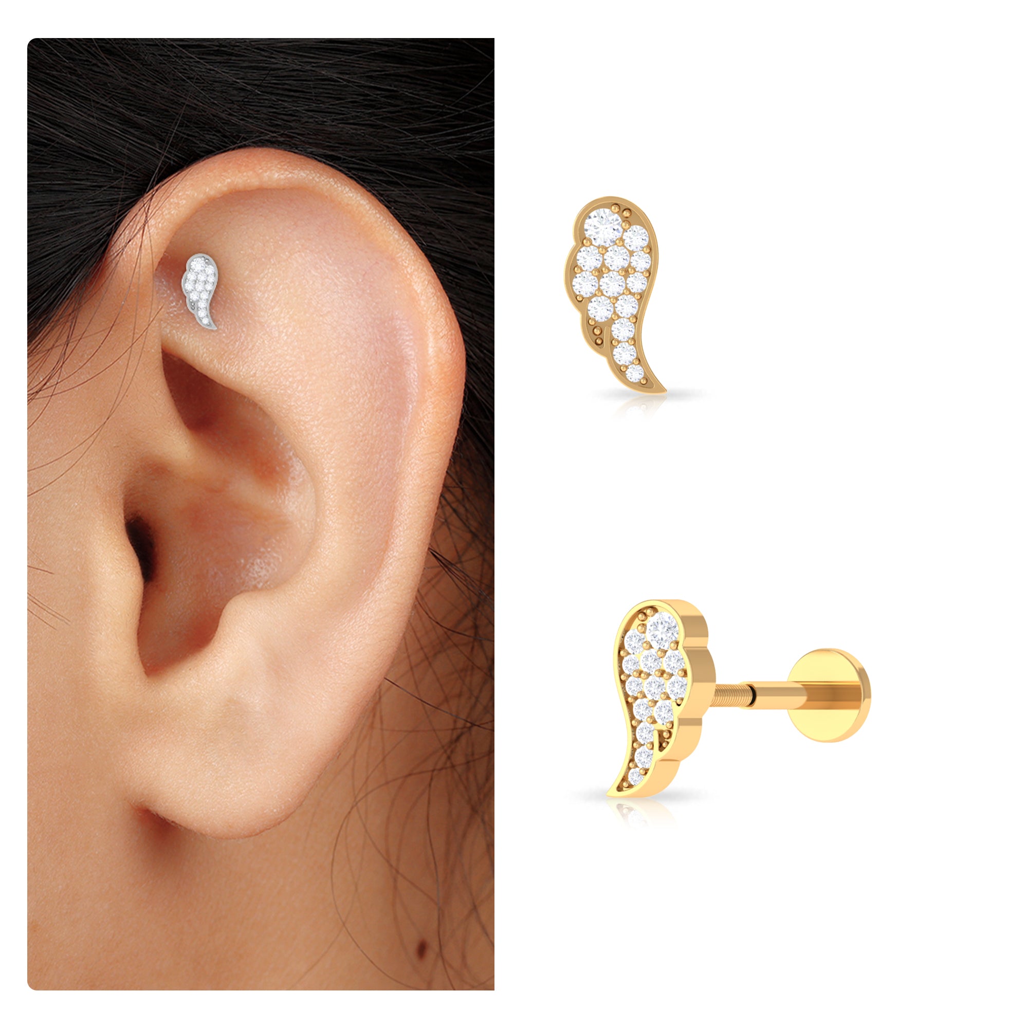 Minimal Moissanite Gold Wing Earring for Cartilage Piercing Moissanite - ( D-VS1 ) - Color and Clarity - Rosec Jewels