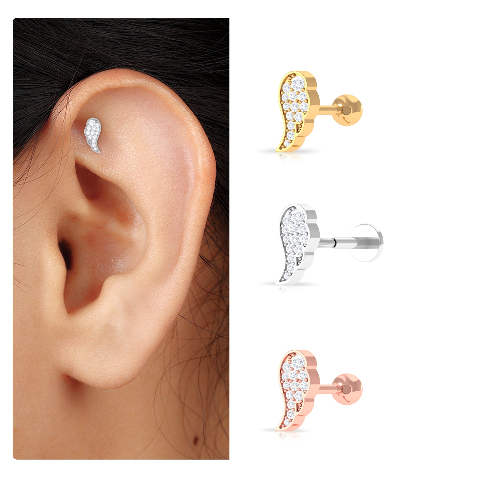 Minimal Moissanite Gold Wing Earring for Cartilage Piercing Moissanite - ( D-VS1 ) - Color and Clarity - Rosec Jewels