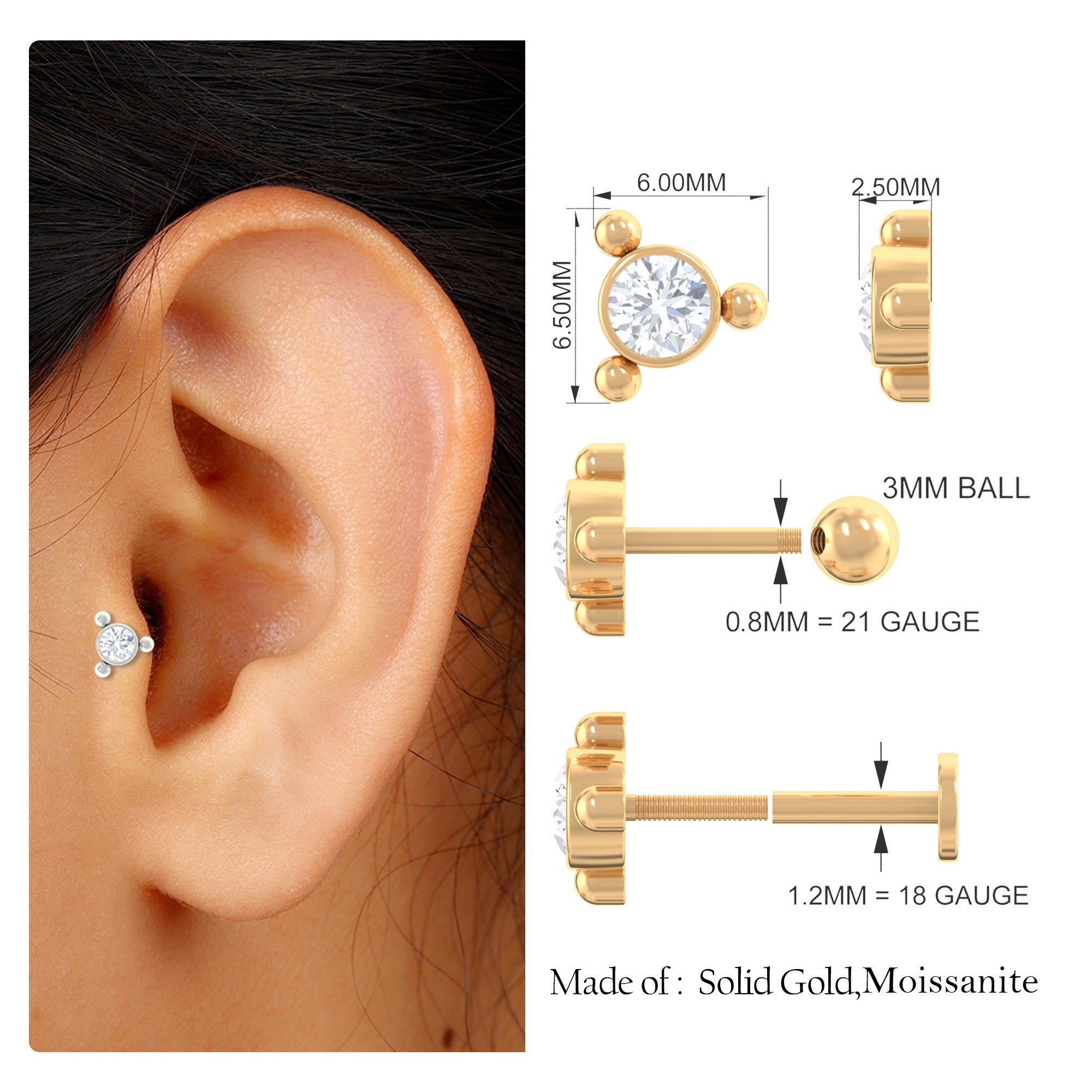 Round Moissanite Simple Gold Beaded Helix Earring Moissanite - ( D-VS1 ) - Color and Clarity - Rosec Jewels
