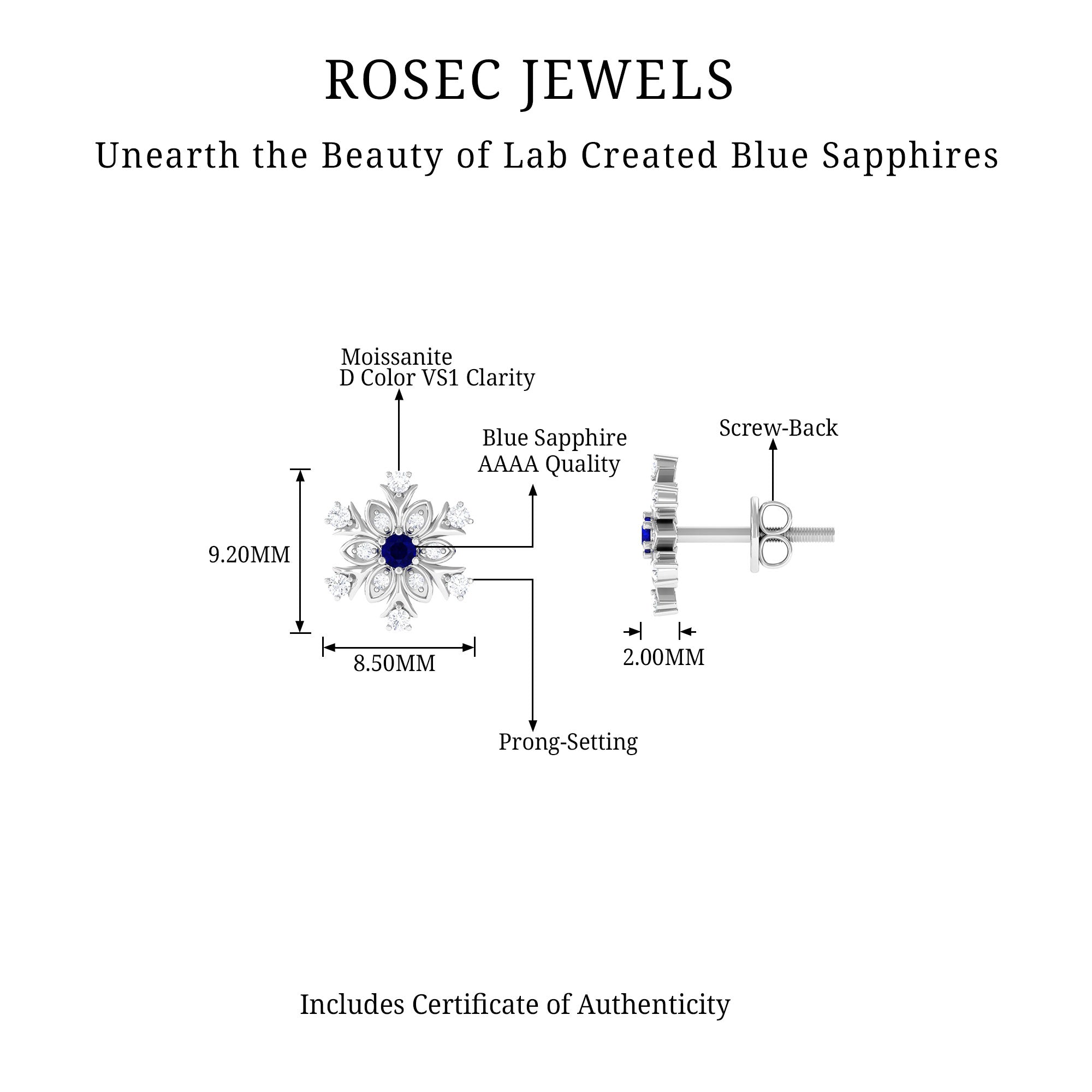 Created Blue Sapphire Snowflake Stud Earrings with Moissanite Lab Created Blue Sapphire - ( AAAA ) - Quality - Rosec Jewels