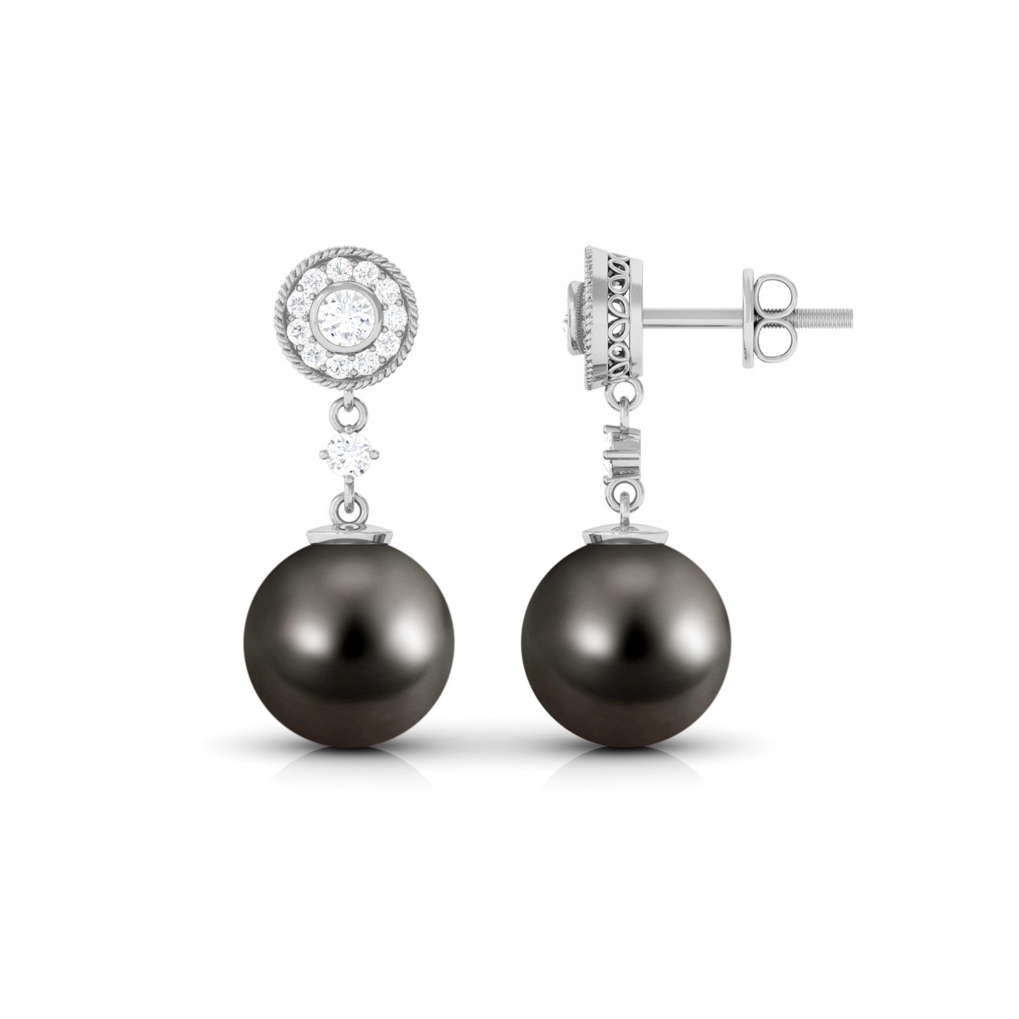15.5 CT Tahitian Pearl Dangle Earrings with Diamond Stones Tahitian pearl - ( AAA ) - Quality - Rosec Jewels