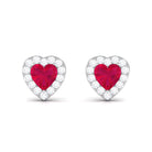 Heart Shape Ruby Stud Earrings with Diamond Halo Ruby - ( AAA ) - Quality - Rosec Jewels