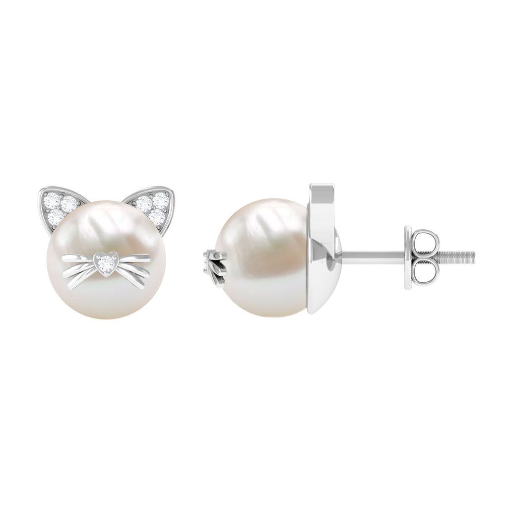 15 CT Freshwater Pearl and Diamond Kitten Stud Earrings Freshwater Pearl - ( AAA ) - Quality - Rosec Jewels