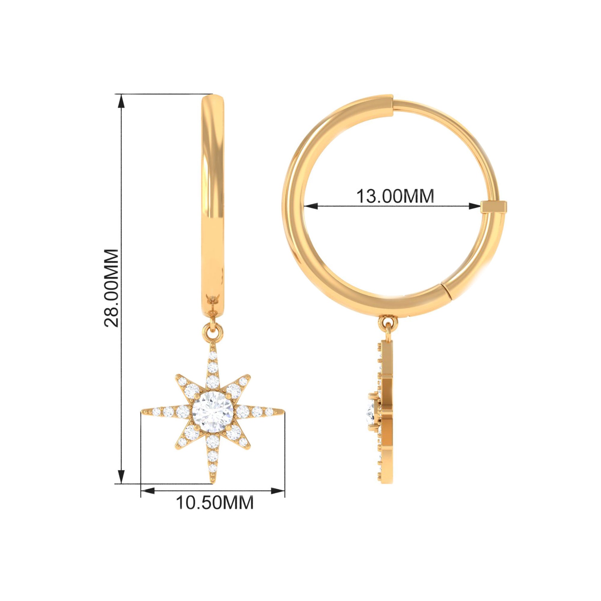 1/2 CT Zircon Gold Starburst Hoop Drop Earrings Zircon - ( AAAA ) - Quality - Rosec Jewels