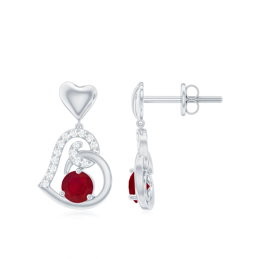 Round Ruby Heart Drop Earring with Diamond Accent Ruby - ( AAA ) - Quality - Rosec Jewels