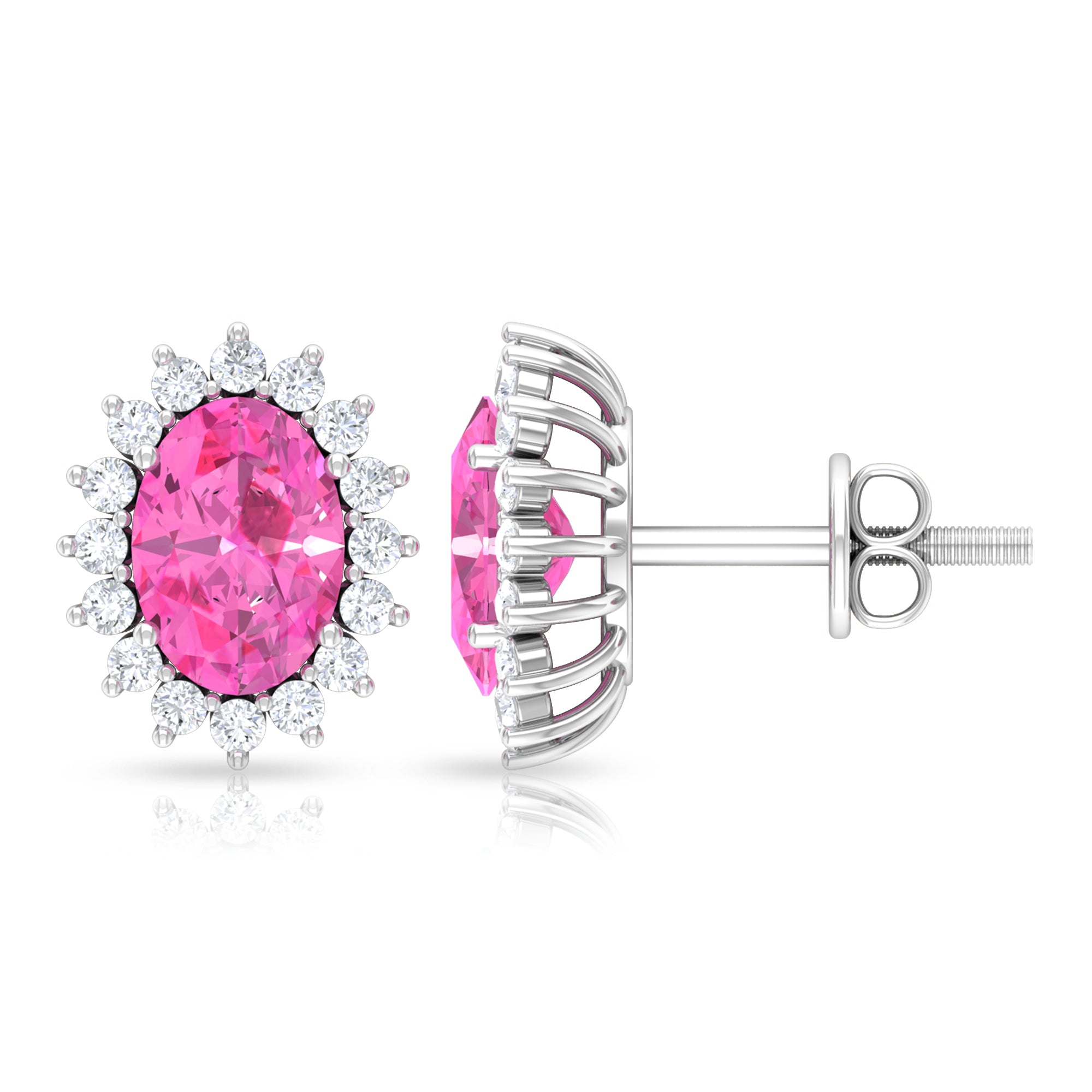 Oval Cut Pink Sapphire and Diamond Halo Stud Earrings Pink Sapphire - ( AAA ) - Quality - Rosec Jewels