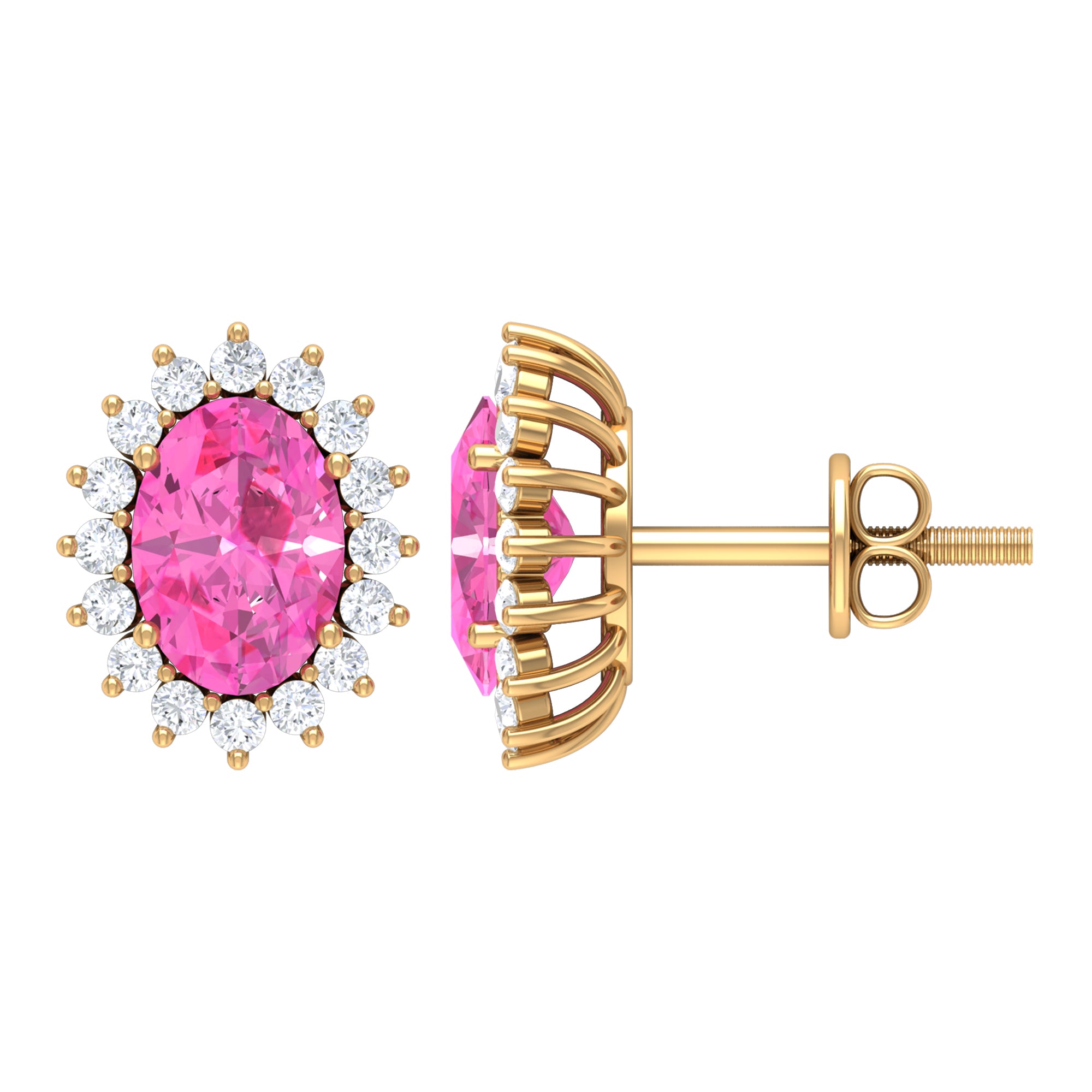 Oval Cut Pink Sapphire and Diamond Halo Stud Earrings Pink Sapphire - ( AAA ) - Quality - Rosec Jewels