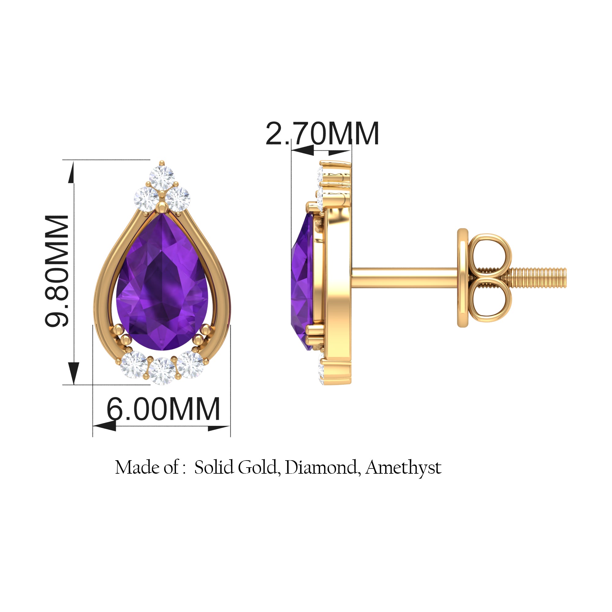 Amethyst Teardrop Stud Earrings with Diamond Amethyst - ( AAA ) - Quality - Rosec Jewels