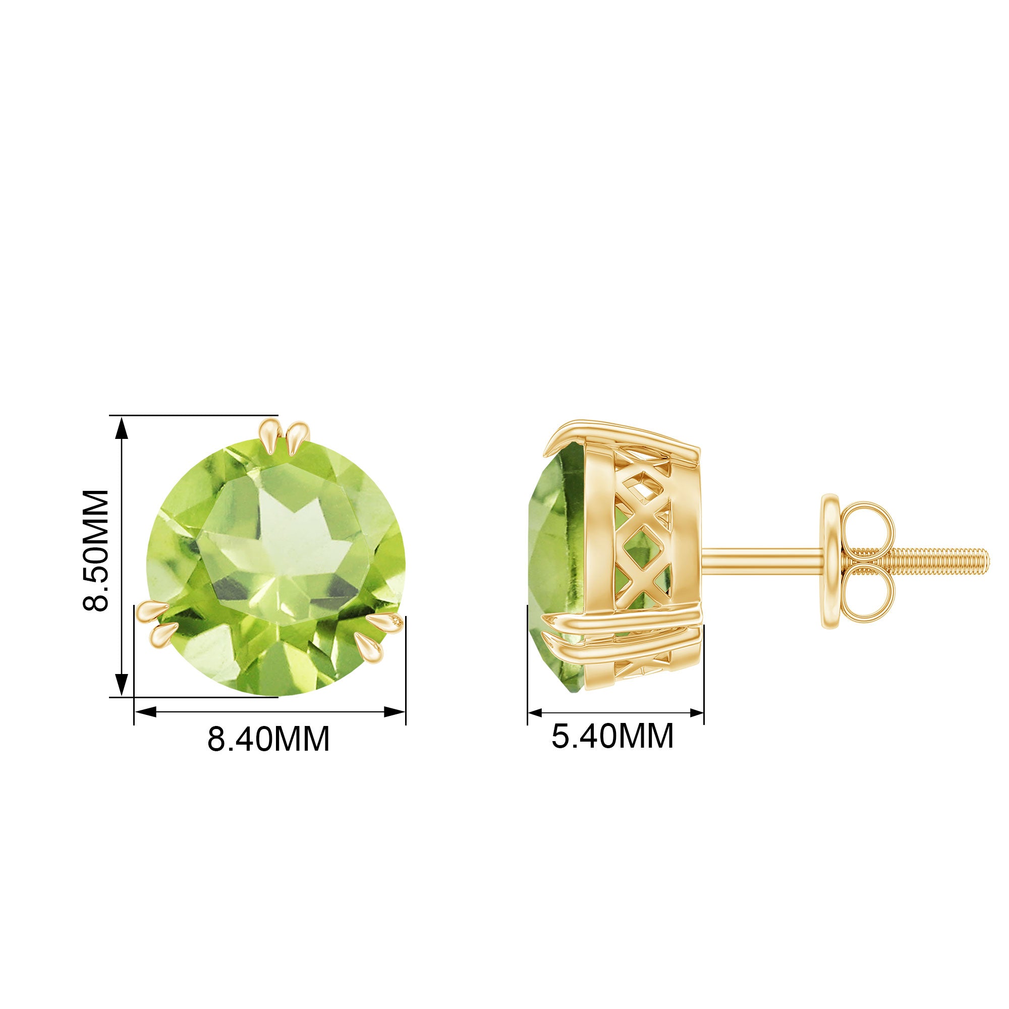 8 MM Peridot Solitaire Stud Earrings in Double Prong Setting Peridot - ( AAA ) - Quality - Rosec Jewels