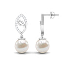 Diamond Leaf and Freshwater Pearl Dangle Drop Earrings Freshwater Pearl - ( AAA ) - Quality - Rosec Jewels