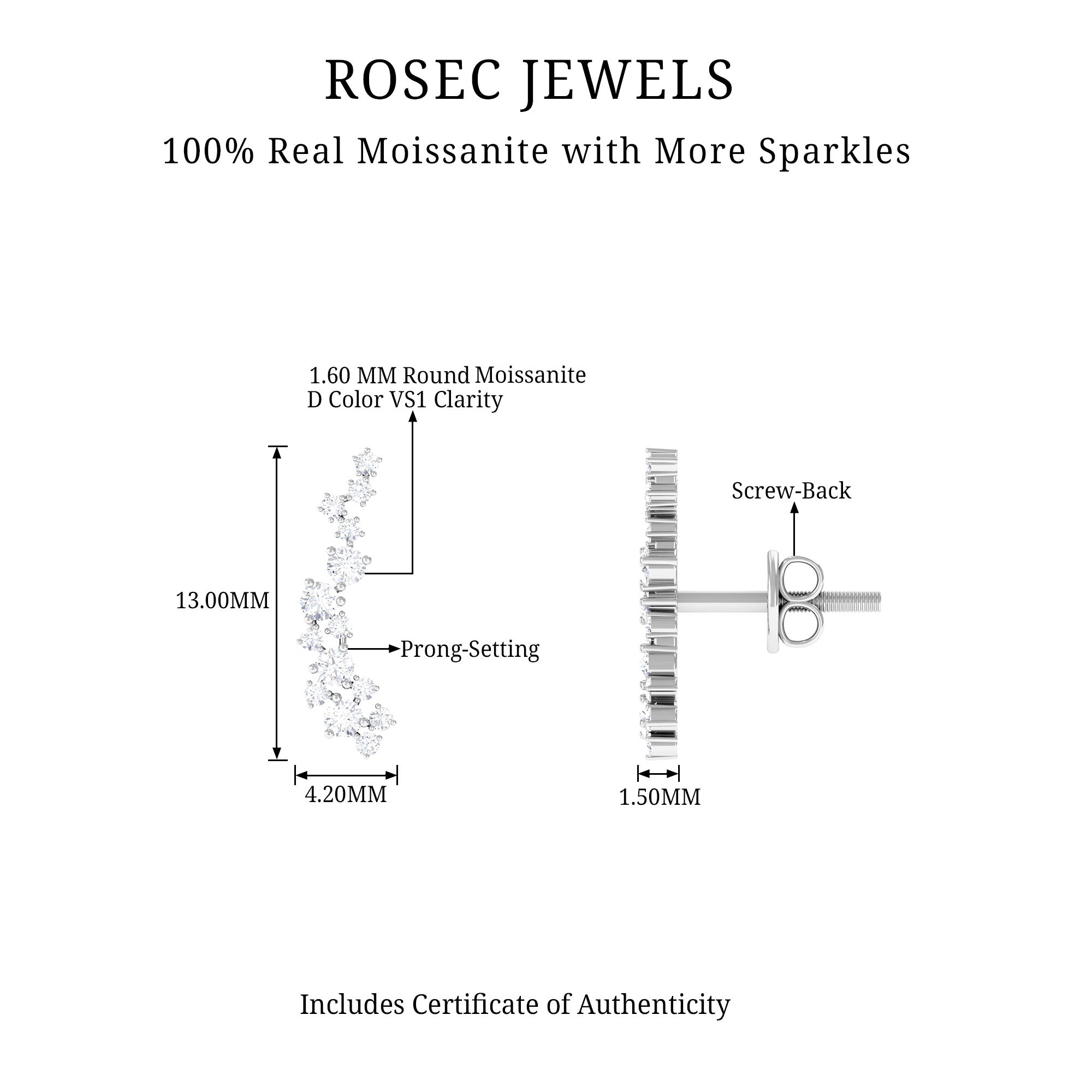 Certified Moissanite Ear Climber Earrings Moissanite - ( D-VS1 ) - Color and Clarity - Rosec Jewels