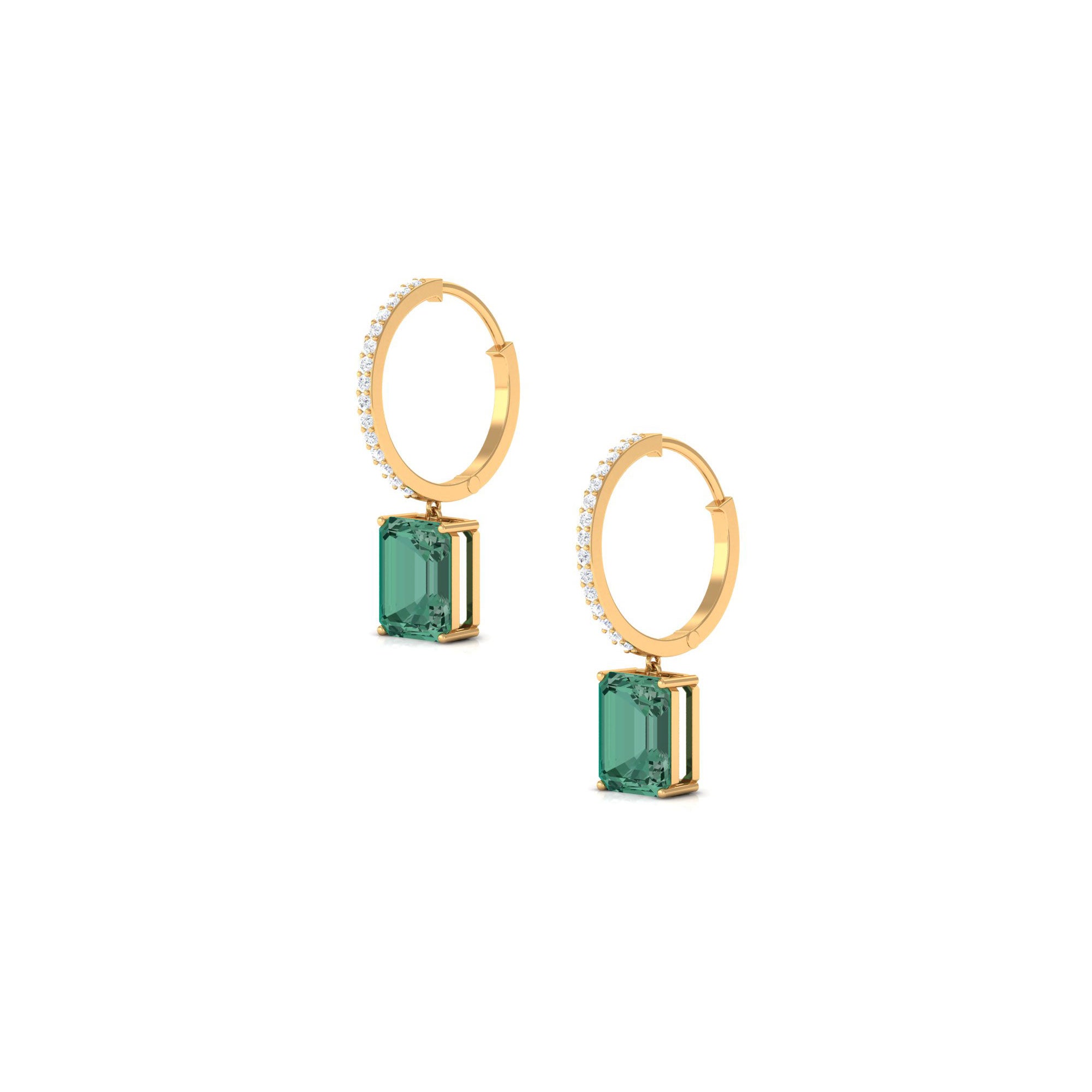 Lab Grown Green Sapphire Hoop Drop Earrings with Moissanite Lab Created Green Sapphire - ( AAAA ) - Quality - Rosec Jewels