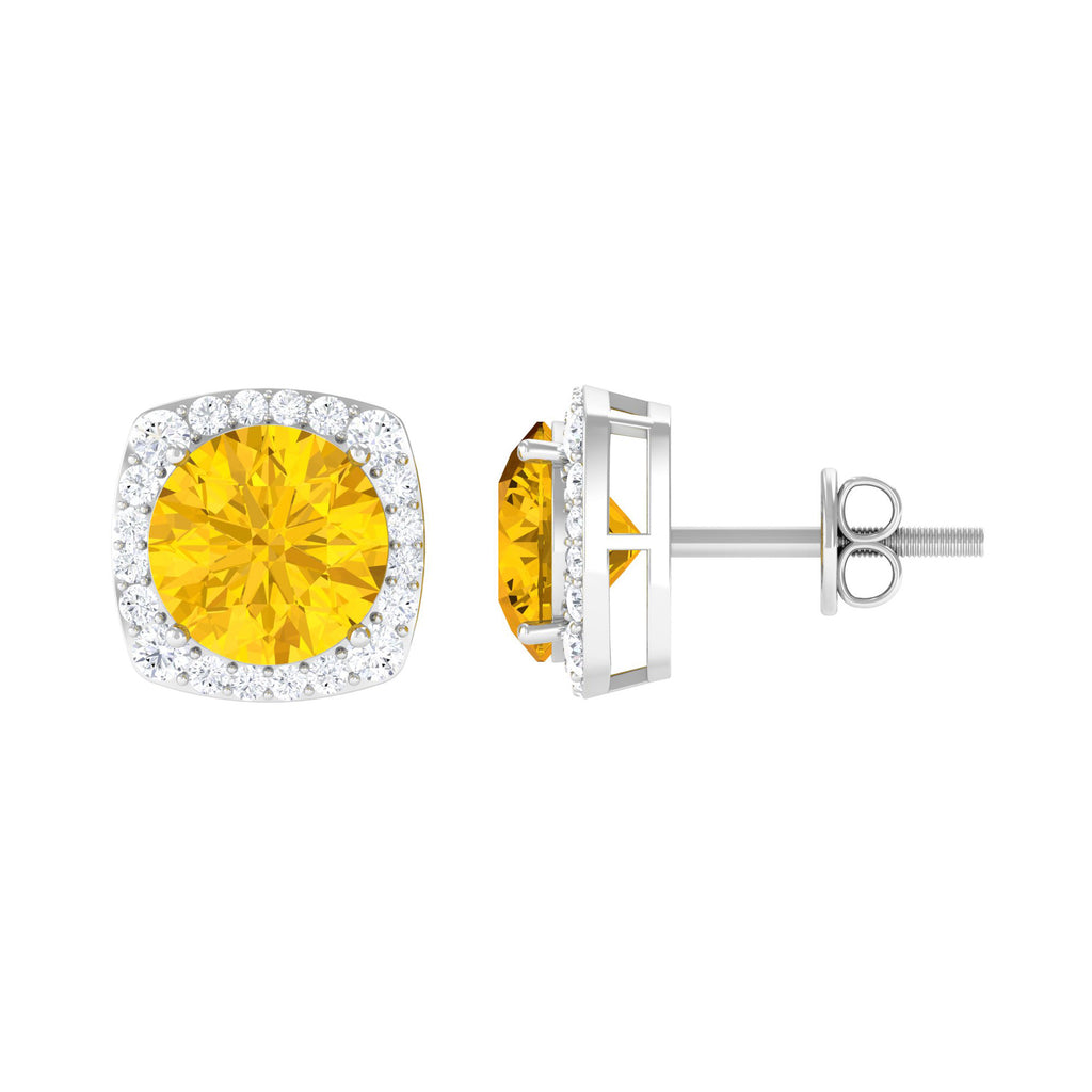 Lab Grown Yellow Sapphire and Diamond Halo Stud Earrings Lab Created Yellow Sapphire - ( AAAA ) - Quality - Rosec Jewels