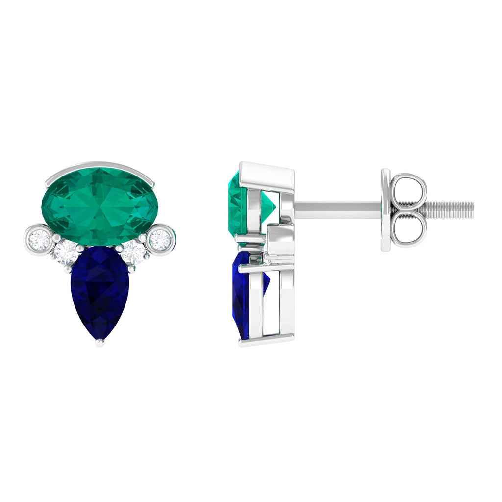 Created Emerald and Created Blue Sapphire Cluster Stud Earring with Moissanite Lab Created Blue Sapphire - ( AAAA ) - Quality - Rosec Jewels