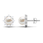 Freshwater Pearl Flower Stud Earrings with Diamond Freshwater Pearl - ( AAA ) - Quality - Rosec Jewels