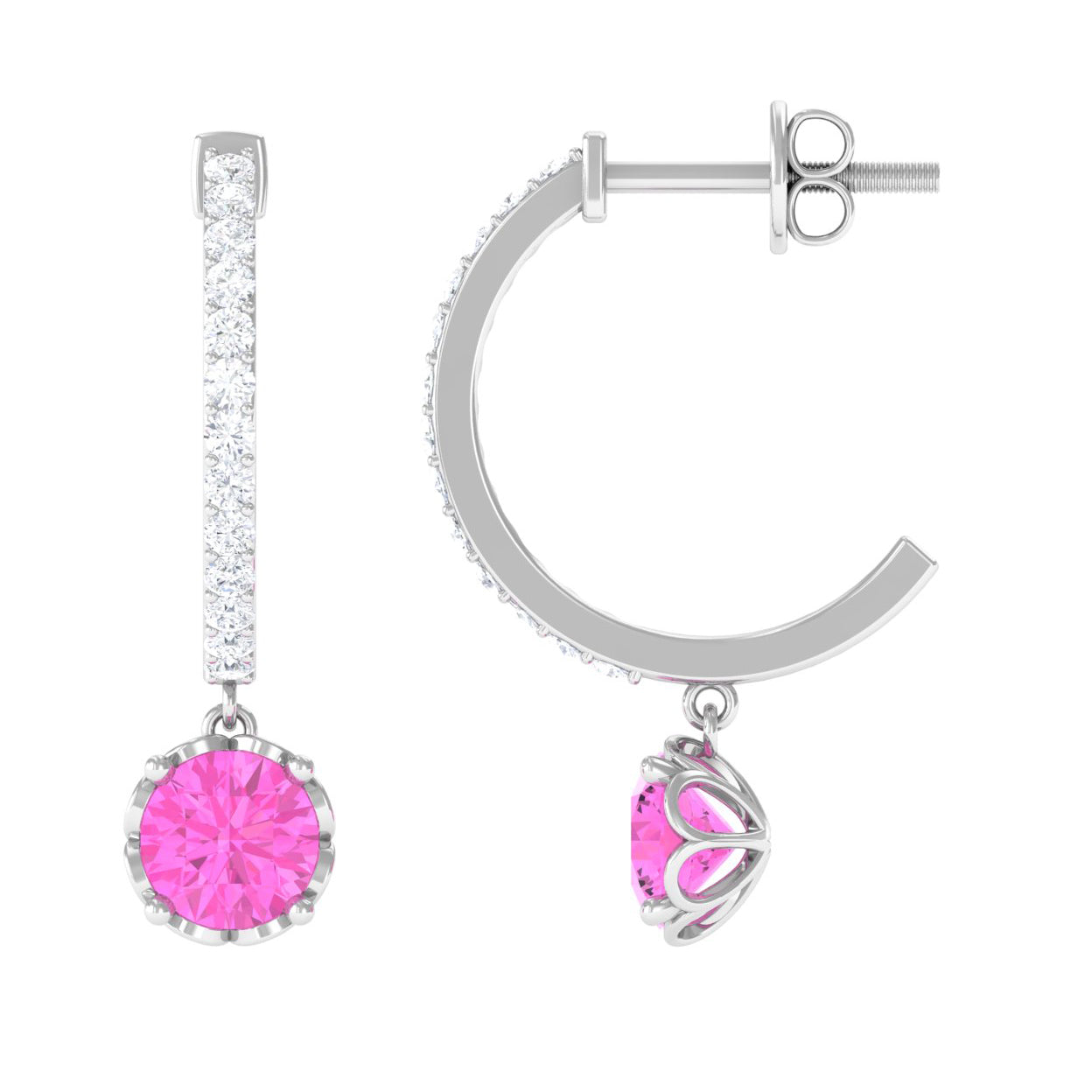 Created Pink Sapphire Hoop Earrings With Diamond Lab Created Pink Sapphire - ( AAAA ) - Quality - Rosec Jewels