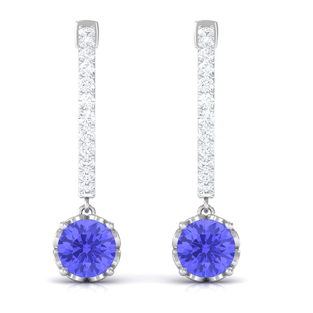 Minimal Round Tanzanite Hoop Drop Earrings with Diamond Tanzanite - ( AAA ) - Quality - Rosec Jewels
