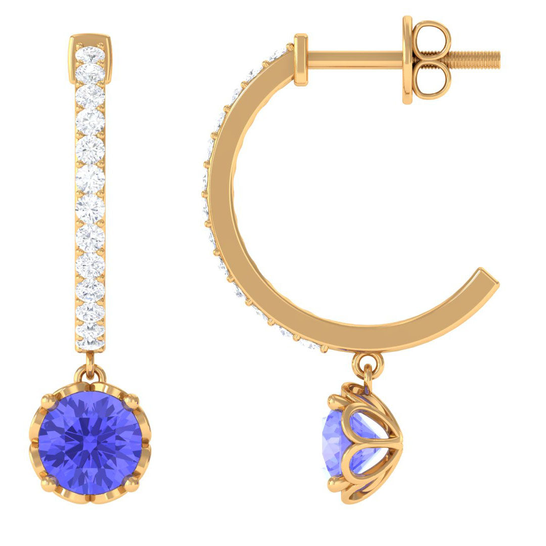 Minimal Round Tanzanite Hoop Drop Earrings with Diamond Tanzanite - ( AAA ) - Quality - Rosec Jewels