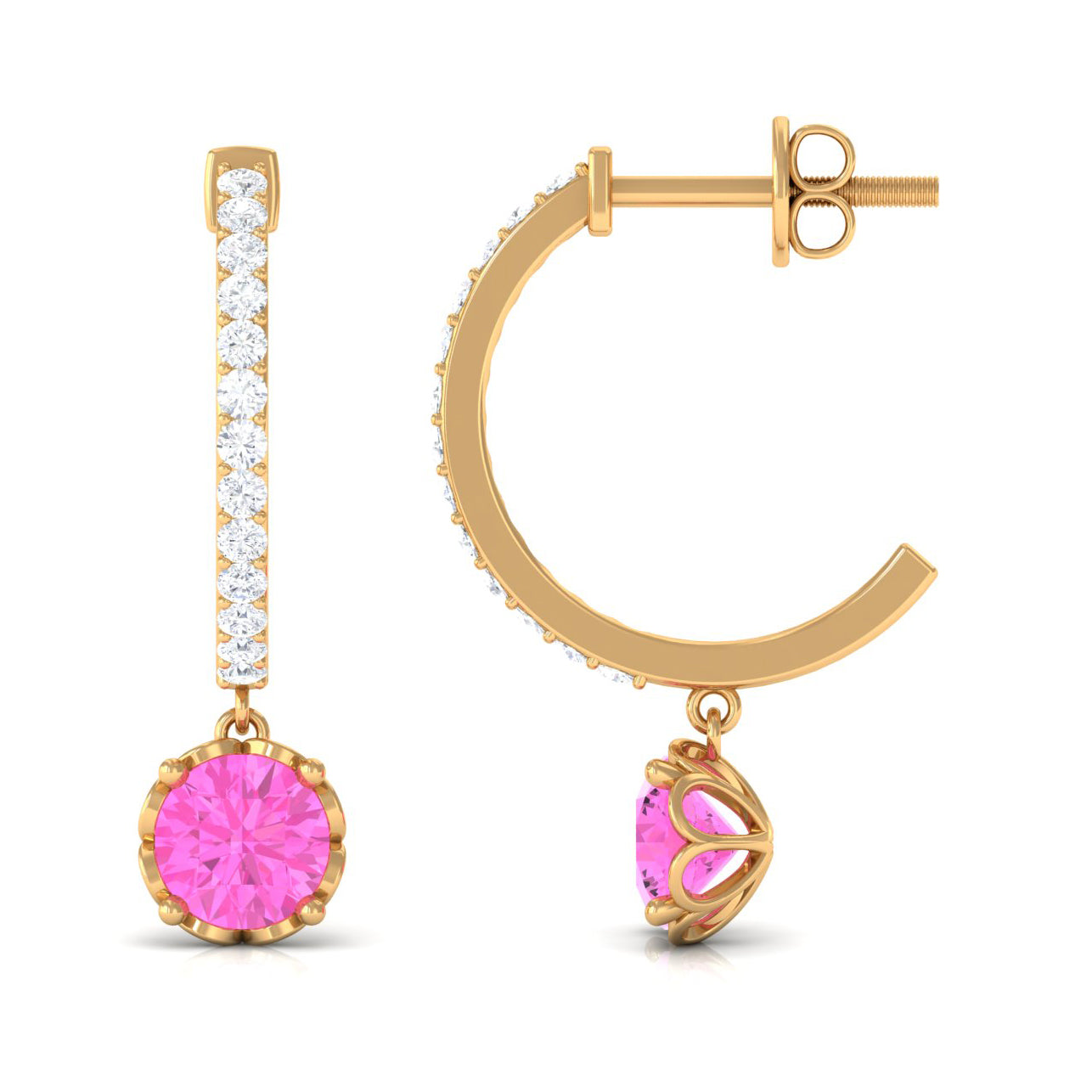 Round Pink Sapphire Hoop Drop Earrings with Diamond Pink Sapphire - ( AAA ) - Quality - Rosec Jewels