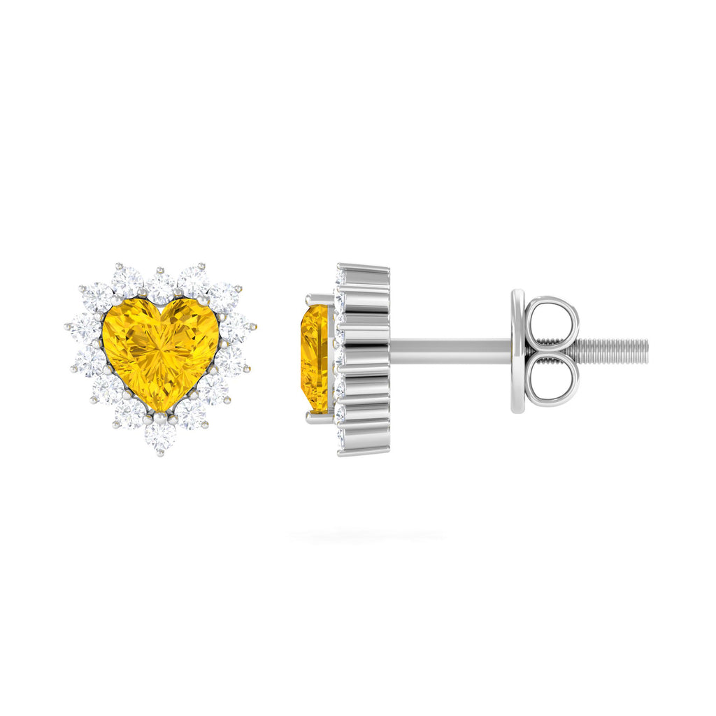 Lab Grown Yellow Sapphire Heart Earrings with Diamond Lab Created Yellow Sapphire - ( AAAA ) - Quality - Rosec Jewels