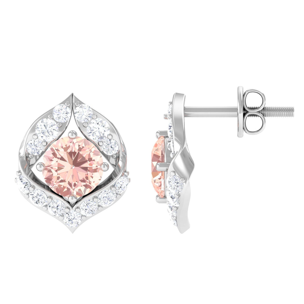 Dainty Morganite Petal Stud Earrings with Diamond Morganite - ( AAA ) - Quality - Rosec Jewels