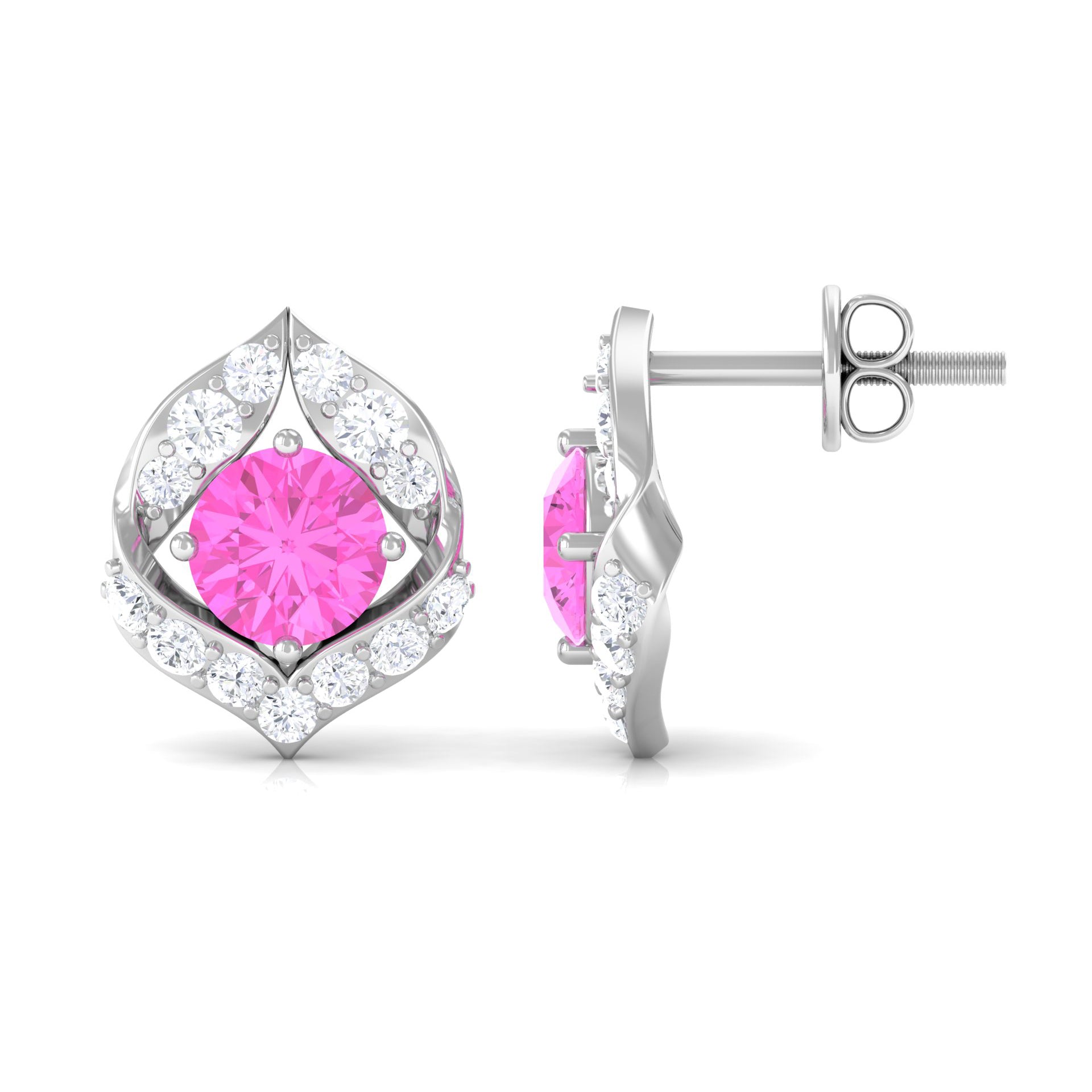 Minimal Pink Sapphire and Diamond Petal Stud Earrings Pink Sapphire - ( AAA ) - Quality - Rosec Jewels