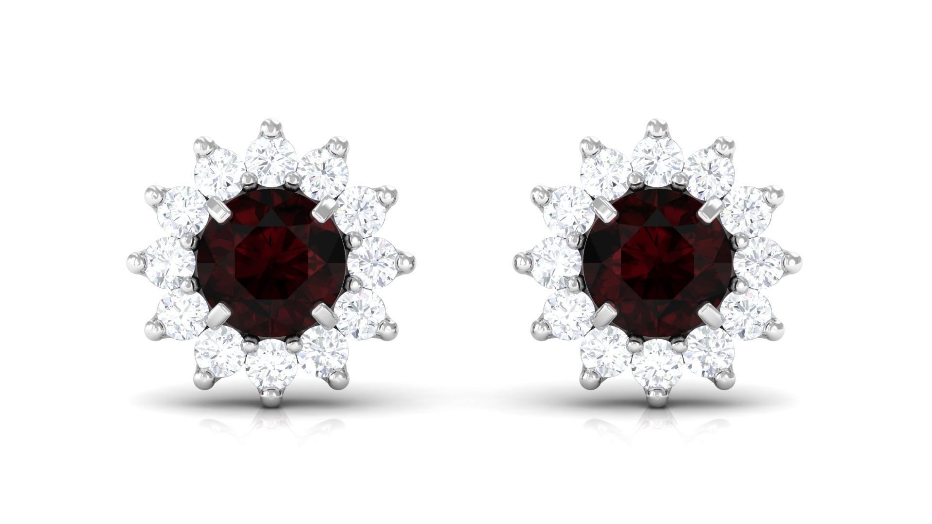Natural Garnet and Diamond Flower Halo Stud Earrings Garnet - ( AAA ) - Quality - Rosec Jewels