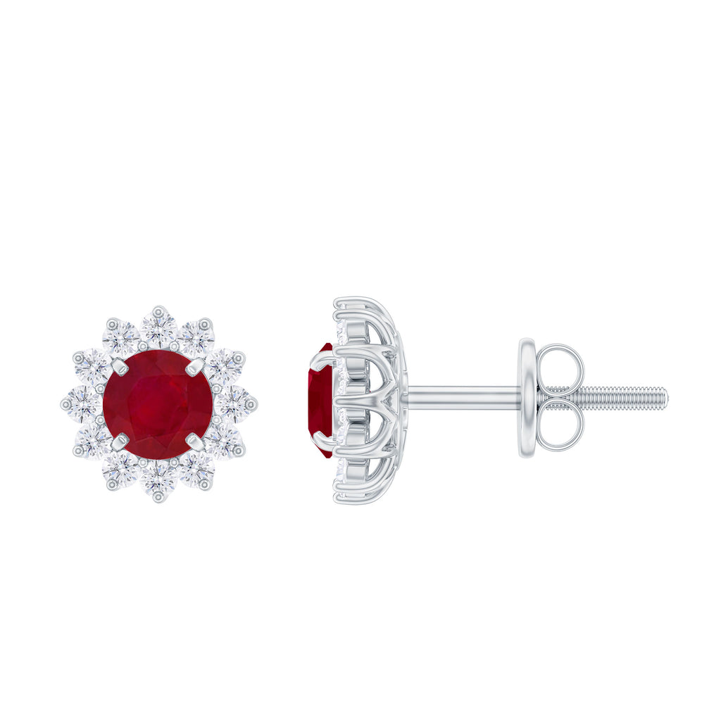 Ruby Classic Stud Earrings with Diamond Halo Ruby - ( AAA ) - Quality - Rosec Jewels