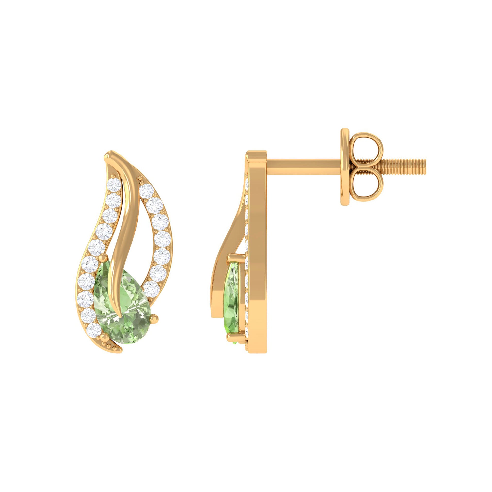 Pear Shape Green Sapphire and Diamond Leaf Stud Earrings Green Sapphire - ( AAA ) - Quality - Rosec Jewels
