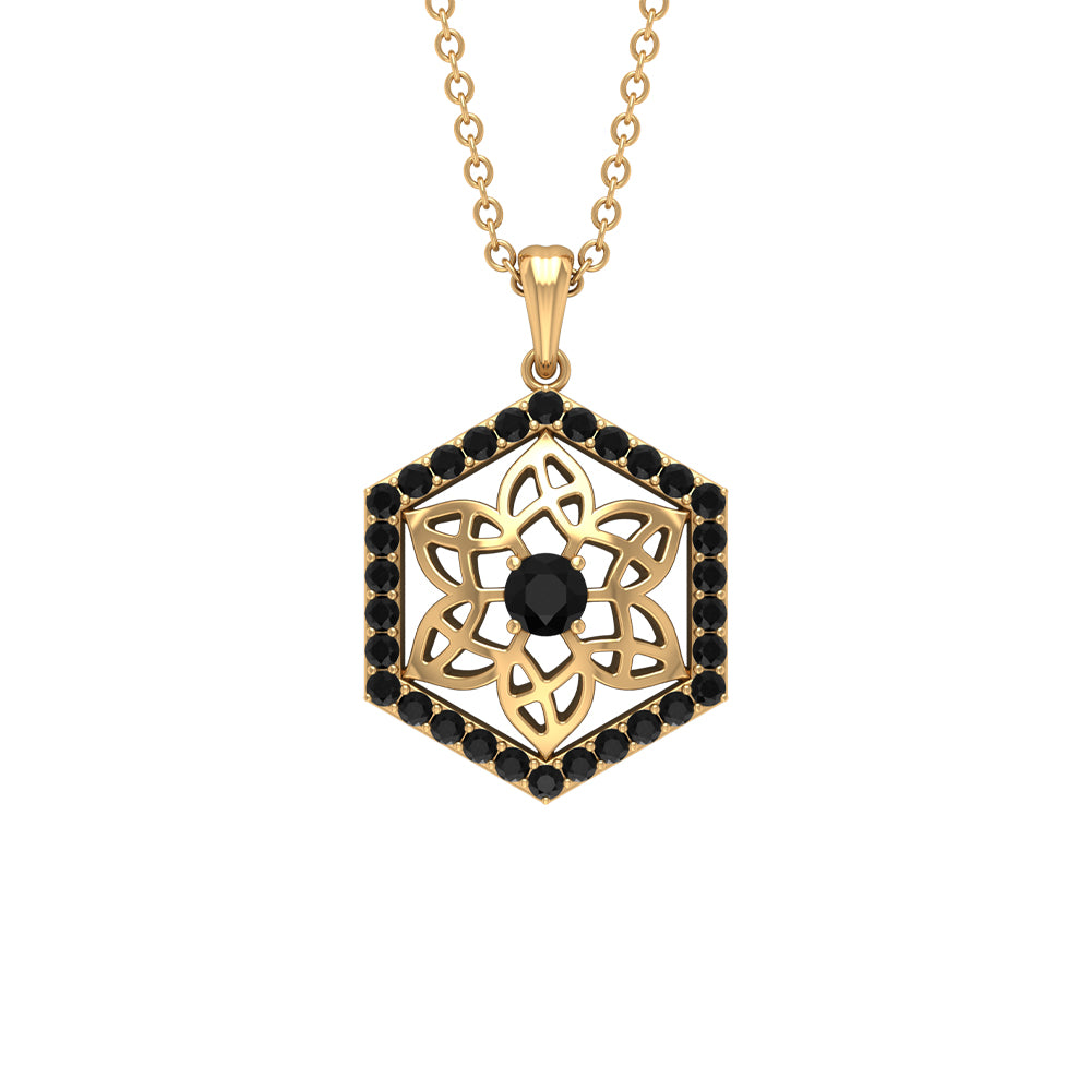 Black Diamond Gold Floral Pendant Necklace in Hexagon Shape Black Diamond - ( AAA ) - Quality - Rosec Jewels