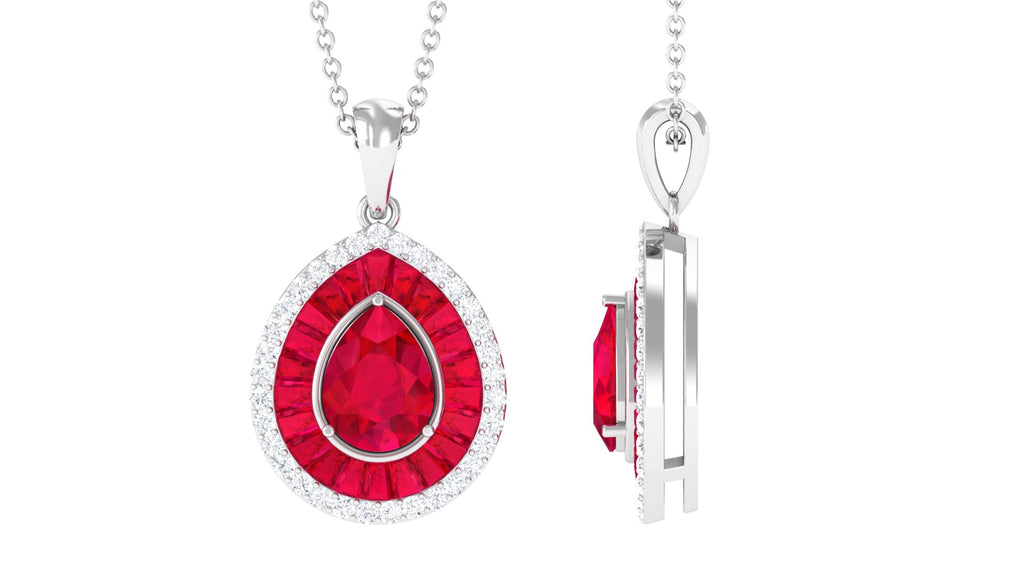 Lab Created Ruby Teardrop Pendant Necklace With Diamond Halo Lab Created Ruby - ( AAAA ) - Quality - Rosec Jewels
