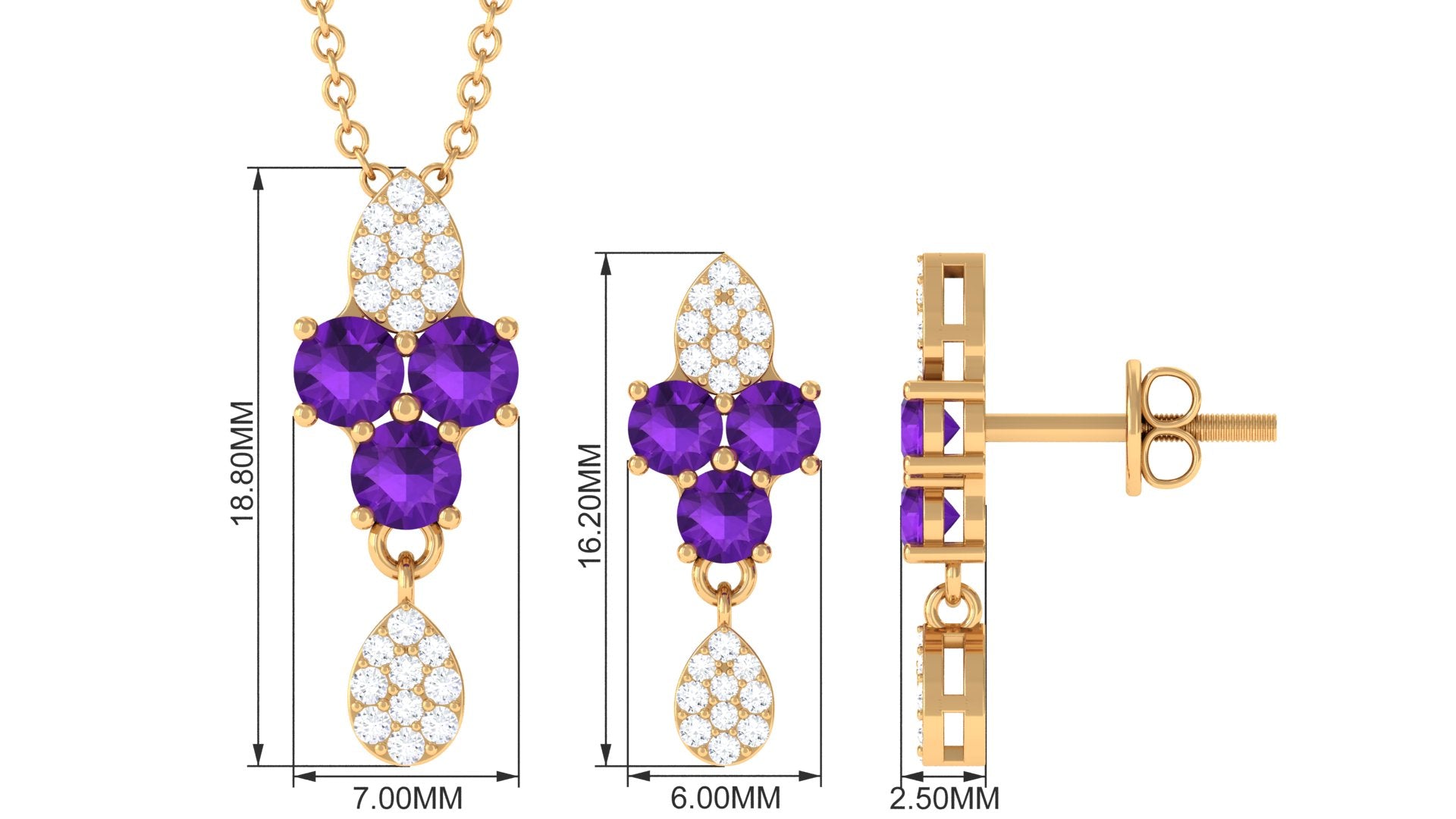 Unique Amethyst and Diamond Dangle Pendant Earrings Set Amethyst - ( AAA ) - Quality - Rosec Jewels