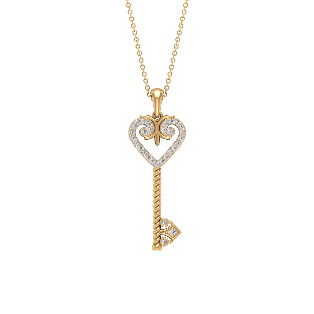 Vintage Inspired Heart Key Pendant Necklace Zircon - ( AAAA ) - Quality - Rosec Jewels