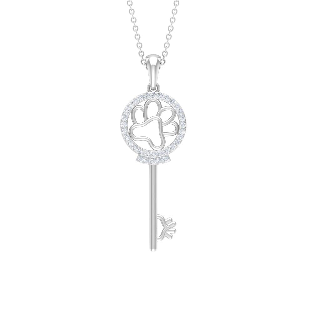 Cubic Zirconia Key Pendant Necklace with Paw Design Zircon - ( AAAA ) - Quality - Rosec Jewels