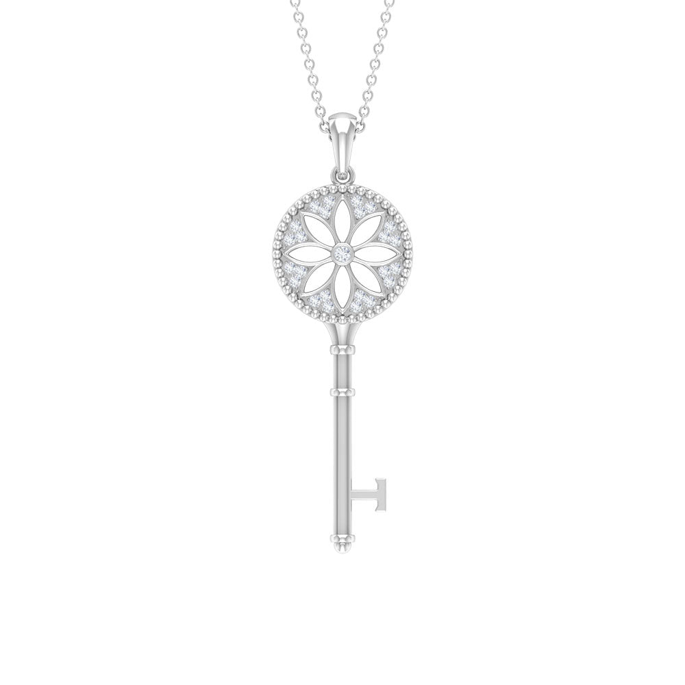 Vintage Style Flower Key Pendant with Zircon Zircon - ( AAAA ) - Quality - Rosec Jewels