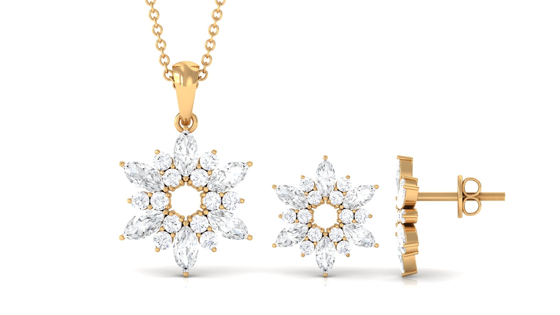 4 CT Cubic Zirconia Flower Cluster Jewelry Set in Gold Zircon - ( AAAA ) - Quality - Rosec Jewels