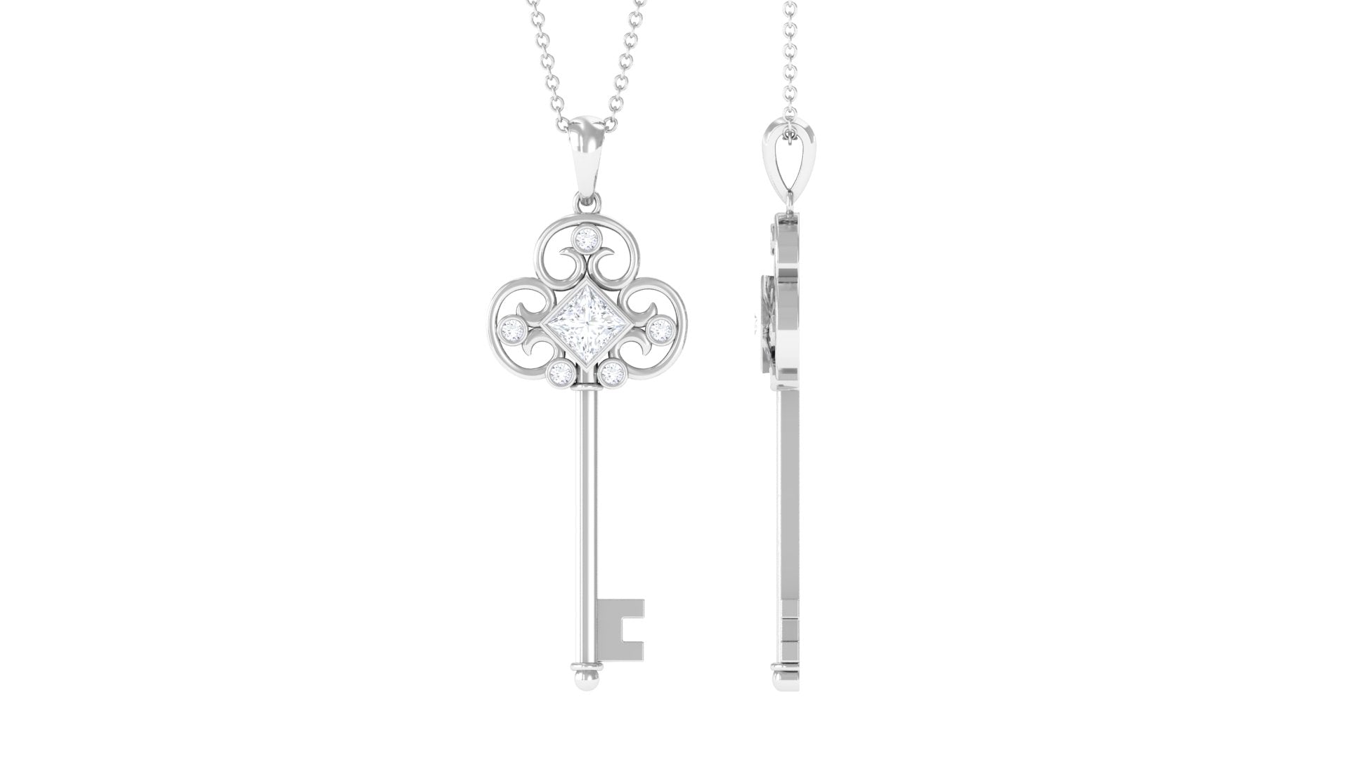 Round and Princess Cut Moissanite Key Pendant Necklace in Bezel Set Moissanite - ( D-VS1 ) - Color and Clarity - Rosec Jewels