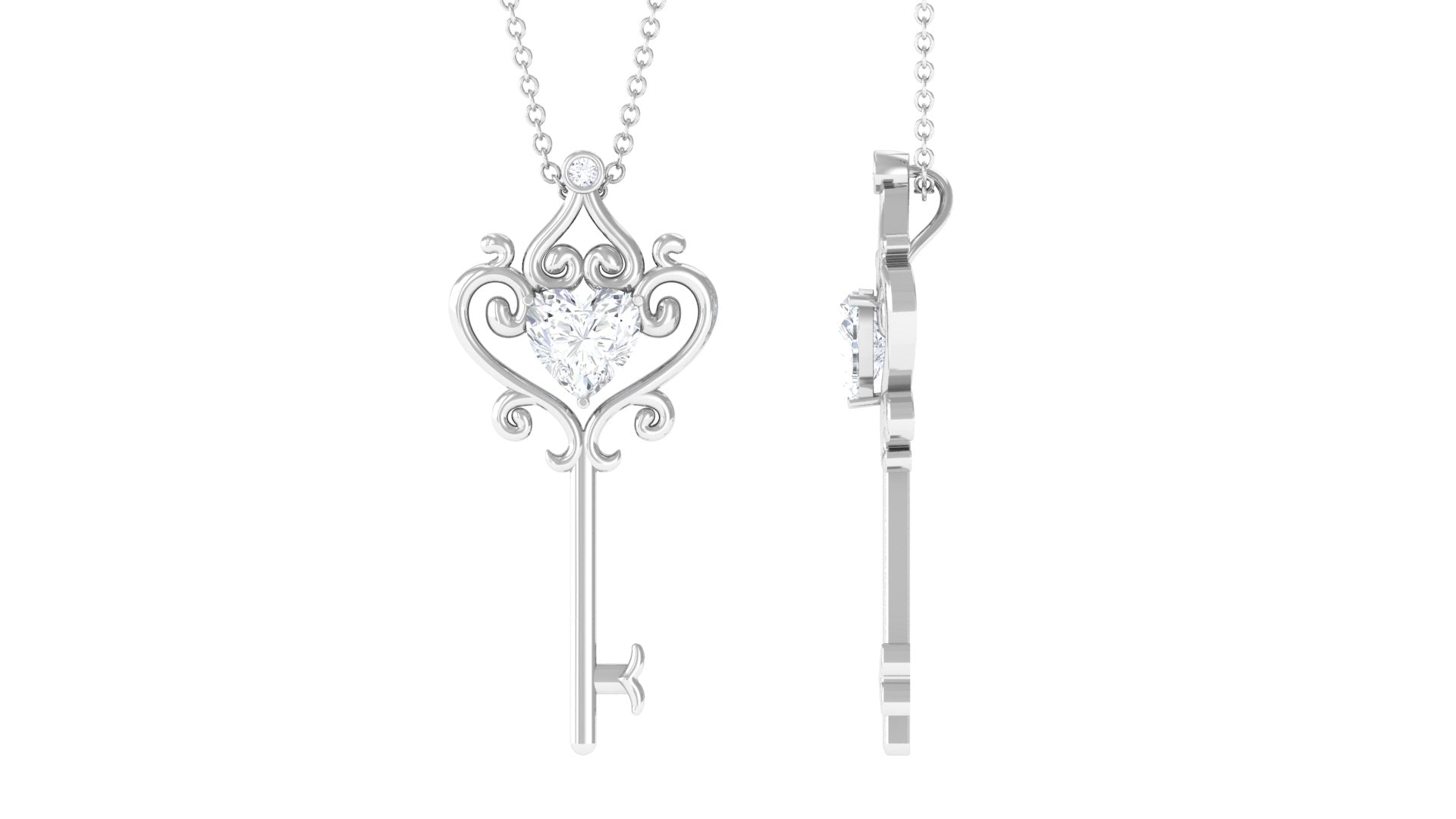 Heart Shape Moissanite Key Pendant Necklace with Chain Moissanite - ( D-VS1 ) - Color and Clarity - Rosec Jewels