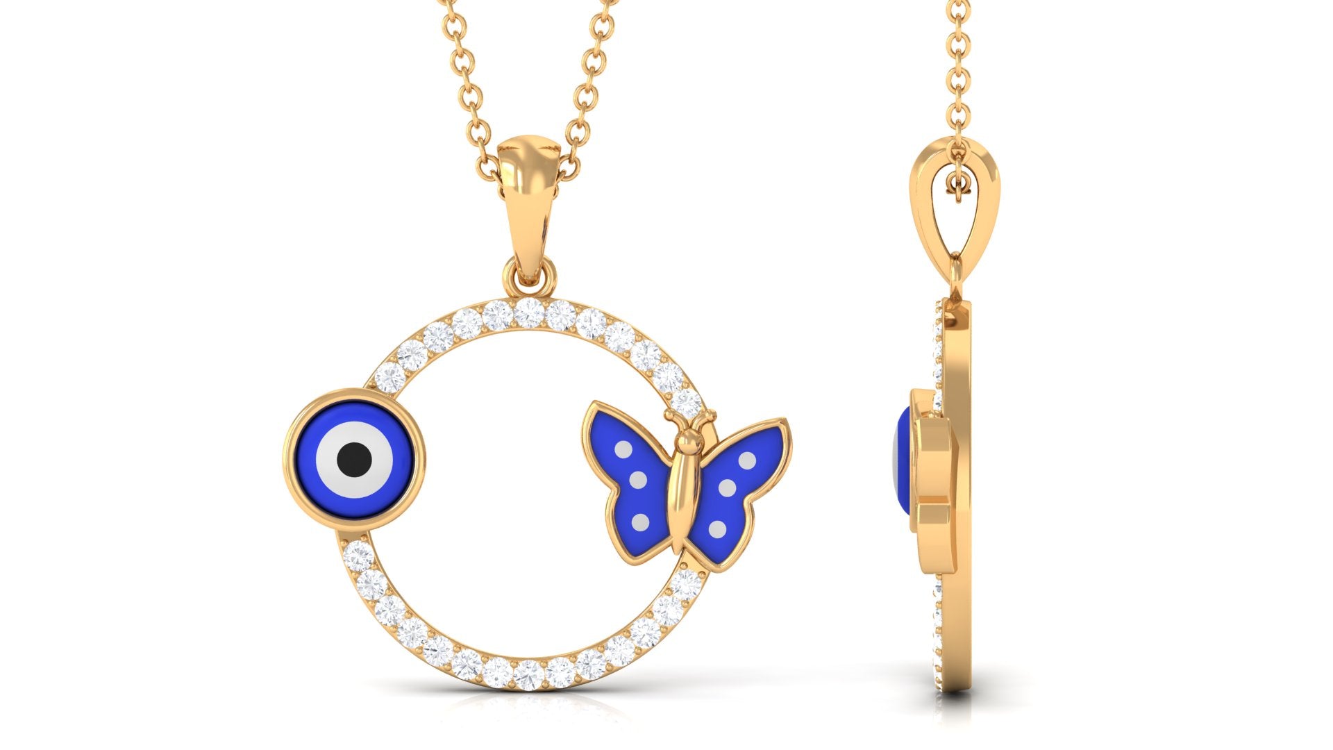 Moissanite Eternity Pendant with Enameled Evil Eye and Butterfly Moissanite - ( D-VS1 ) - Color and Clarity - Rosec Jewels