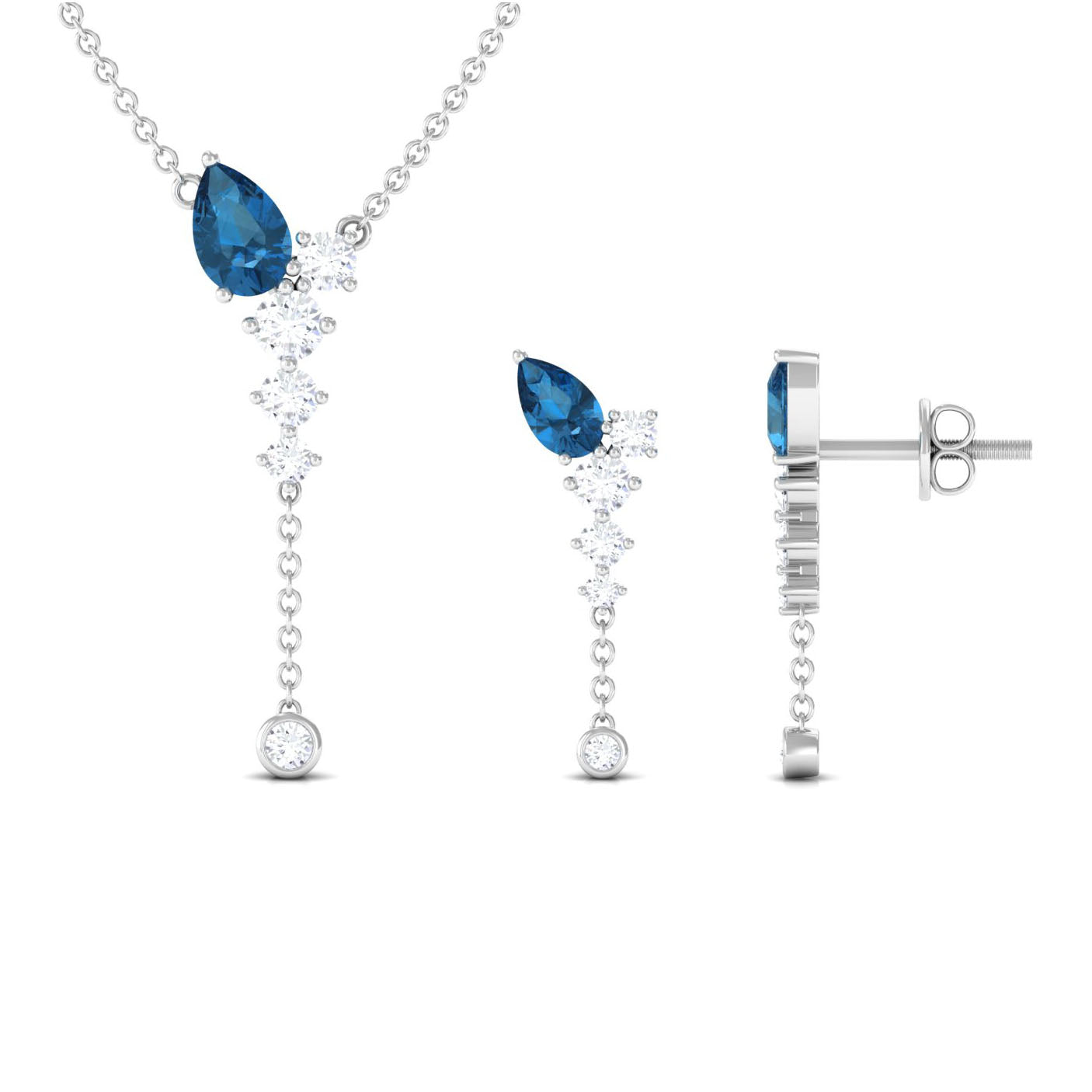 Minimal Dangle Necklace Earrings Set with London Blue Topaz and Diamond London Blue Topaz - ( AAA ) - Quality - Rosec Jewels